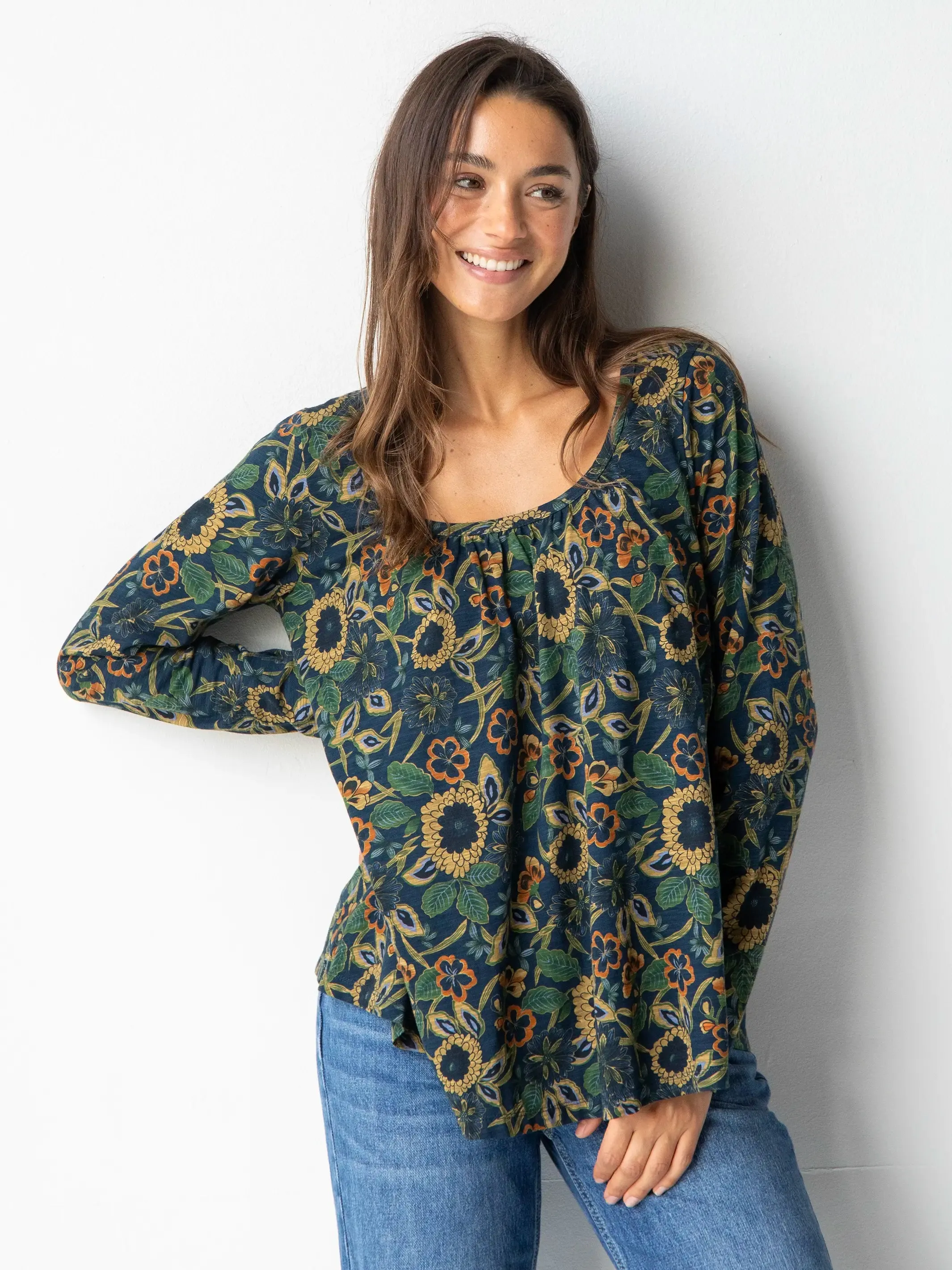 Long Sleeve Iris Top - Navy Tan Dahlias sold by NATURAL LIFE product image thumbnail 3