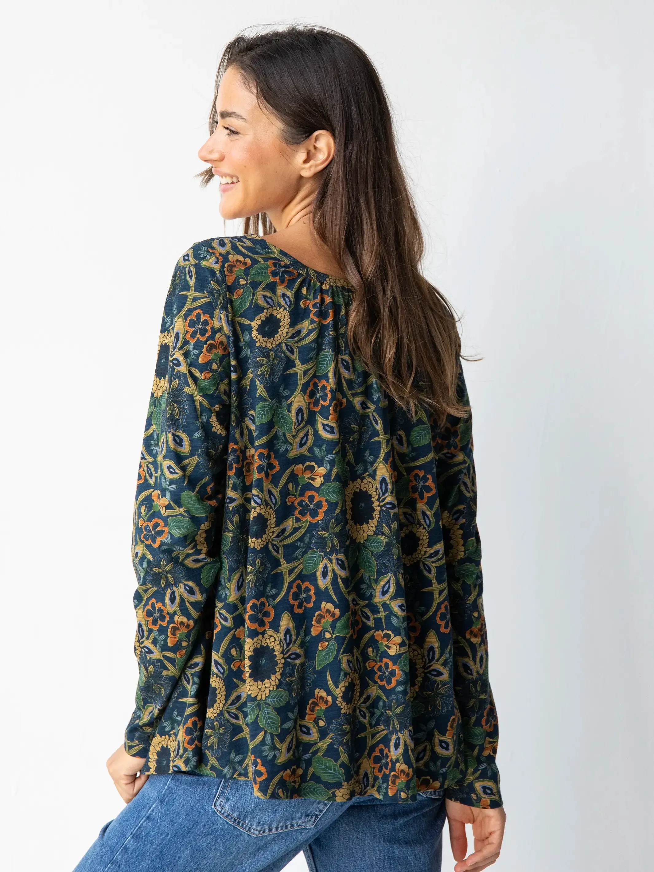Long Sleeve Iris Top - Navy Tan Dahlias sold by NATURAL LIFE product image thumbnail 4