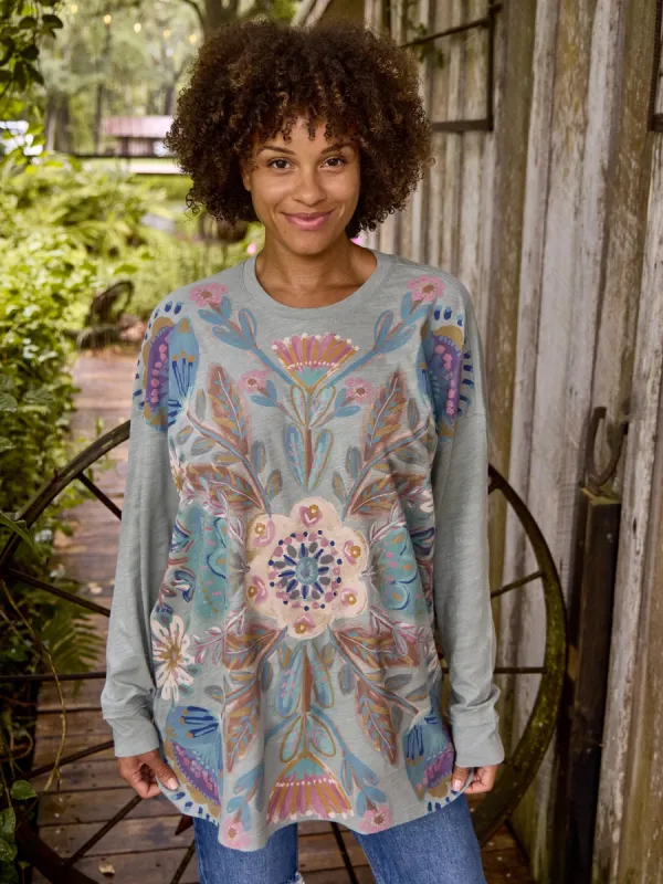 One Size Long Sleeve Cotton Easy Tee - Dusty Blue Flower Bouquet sold by NATURAL LIFE