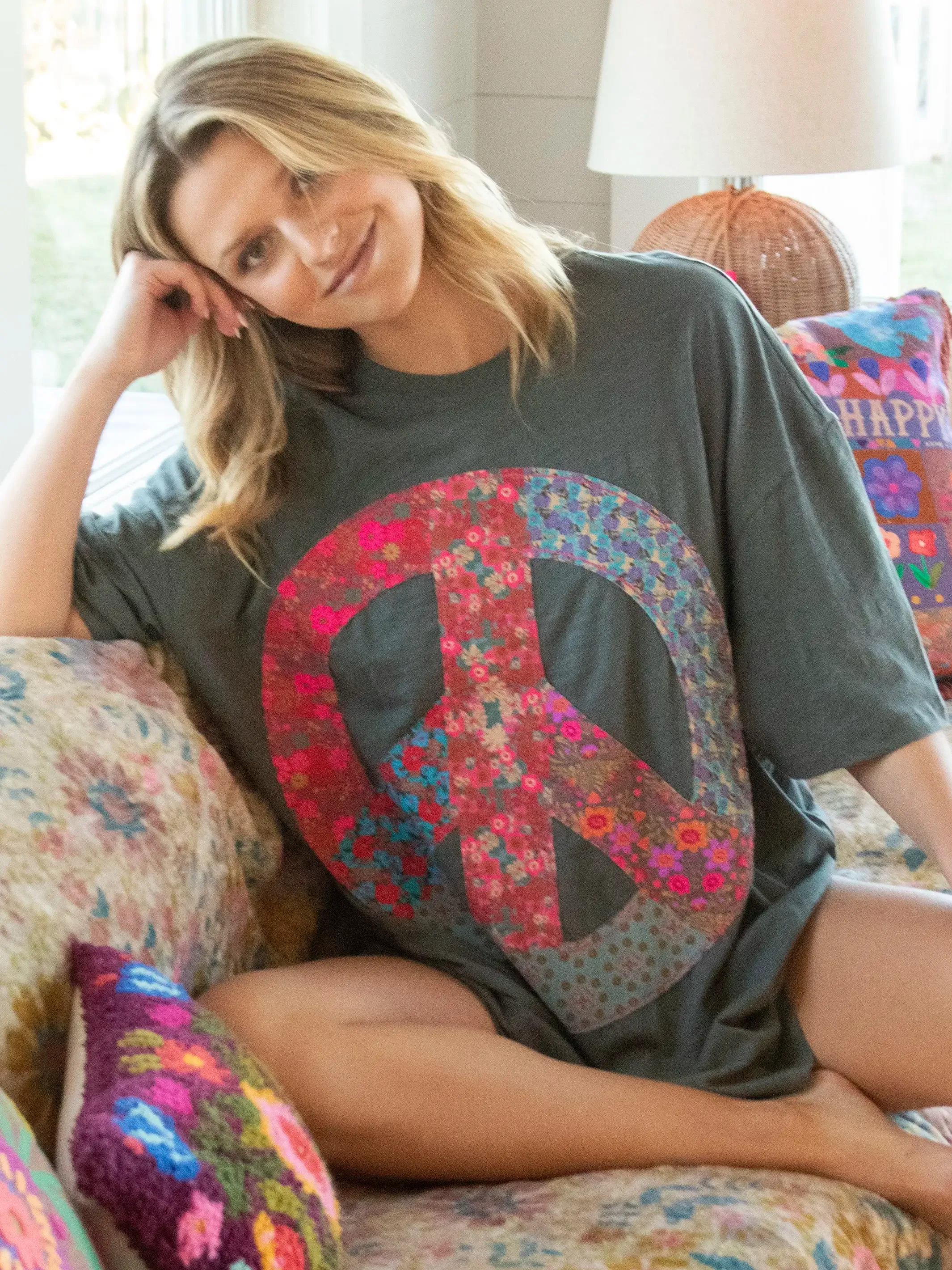 Oversized Cotton Applique Tee - Peace Sign Charcoal sold by NATURAL LIFE product image thumbnail 2