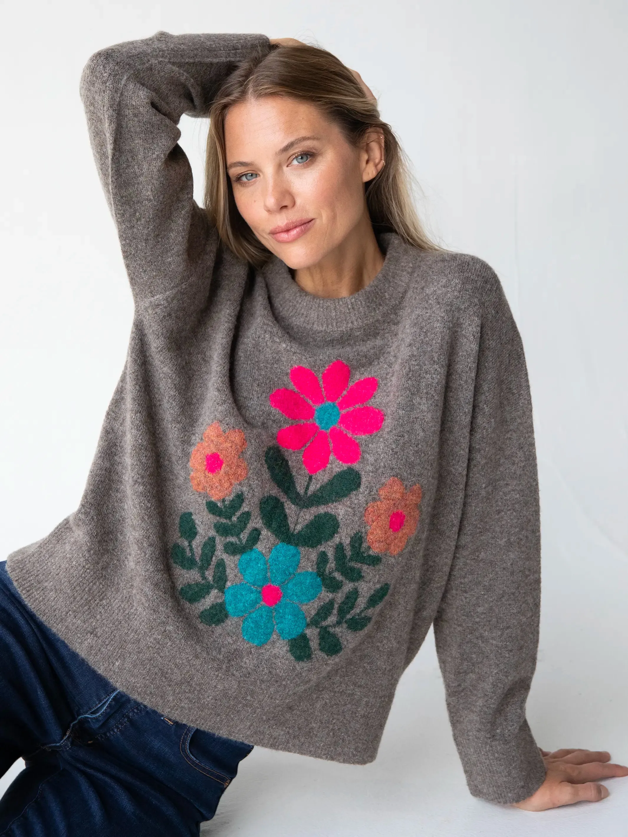 Boxy Intarsia Sweater - Brown Folk Flower sold by NATURAL LIFE