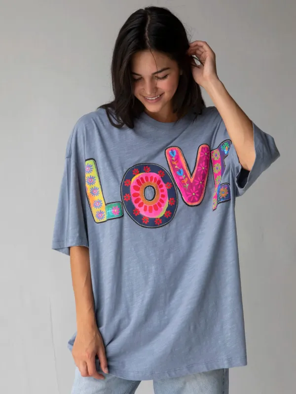 Oversized Cotton Applique Tee - Dusty Blue Love sold by NATURAL LIFE