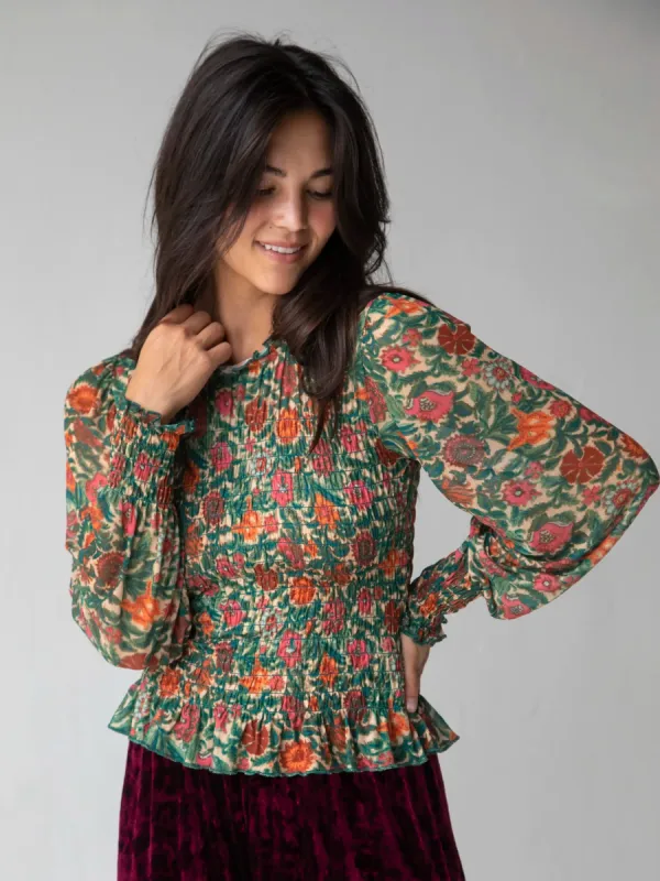 Juliana Mesh Smocked Top - Tan Pink Floral sold by NATURAL LIFE