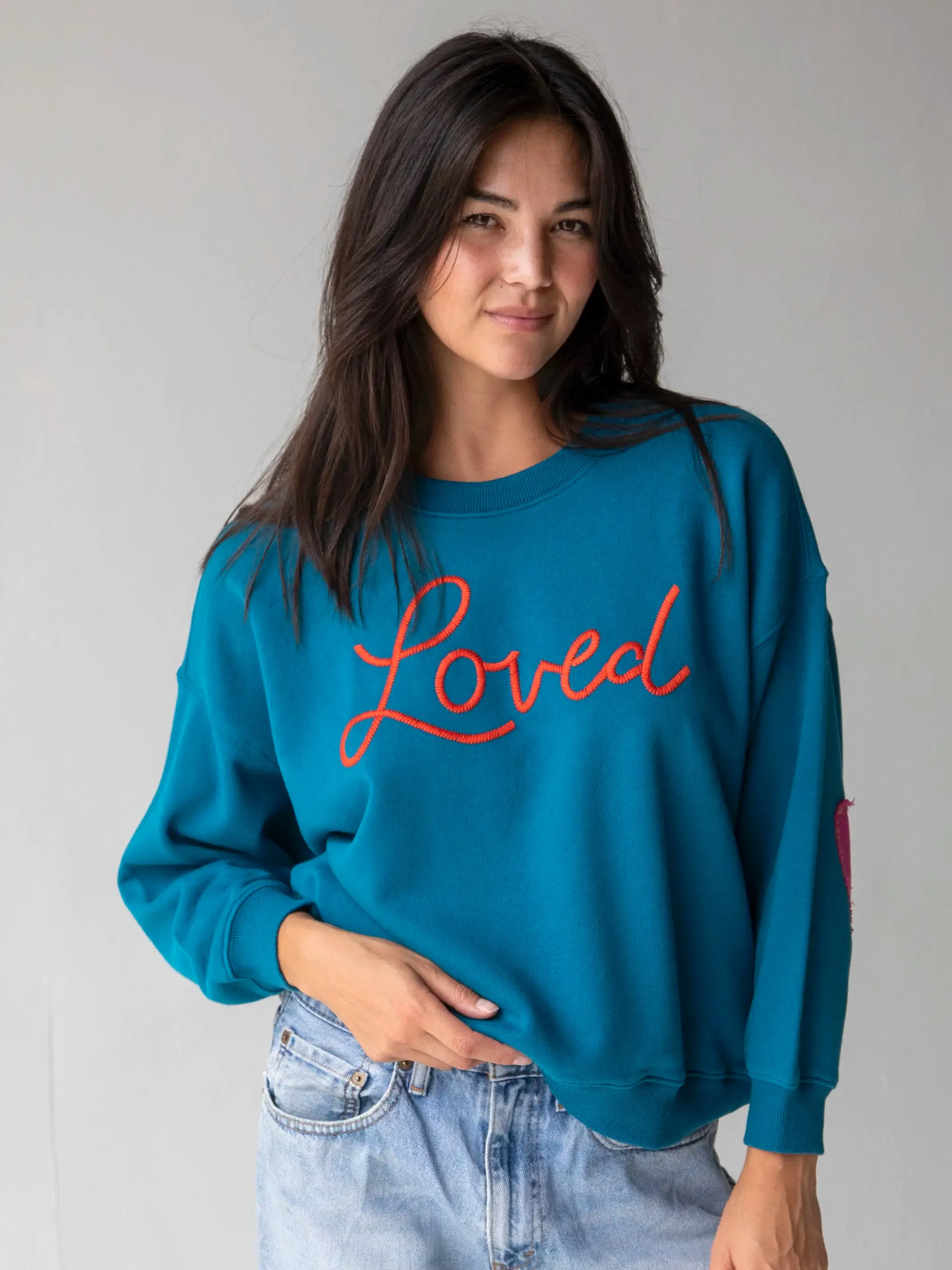 Heart On Your Sleeve Embroidered Sweatshirt - Teal Loved sold by NATURAL LIFE