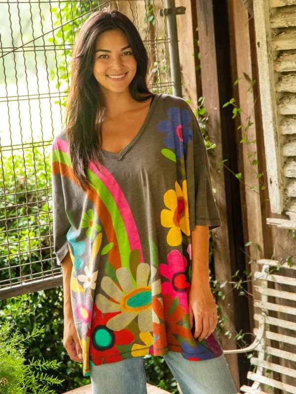 One Size Cotton Easy V-Neck Tee - Charcoal Flower sold by NATURAL LIFE