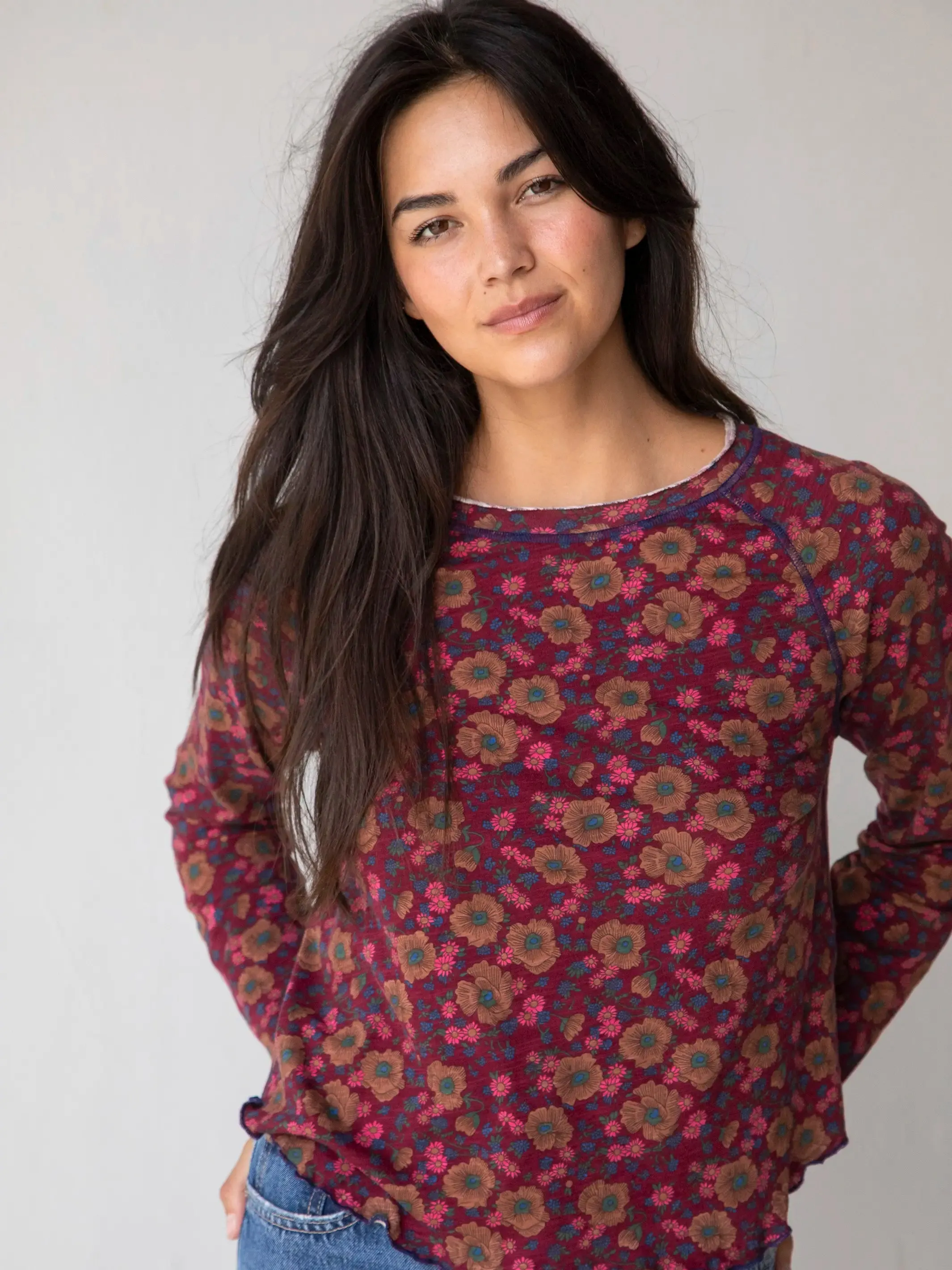 Lily Cotton Long Sleeve Tee Shirt - Cranberry Brown Floral sold by NATURAL LIFE product image thumbnail 4
