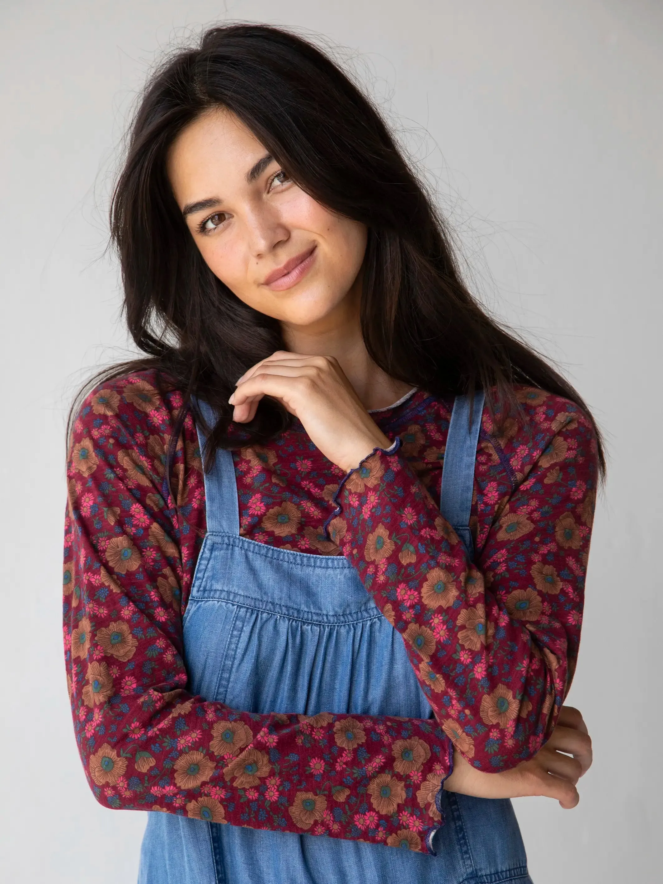 Lily Cotton Long Sleeve Tee Shirt - Cranberry Brown Floral sold by NATURAL LIFE product image thumbnail 2