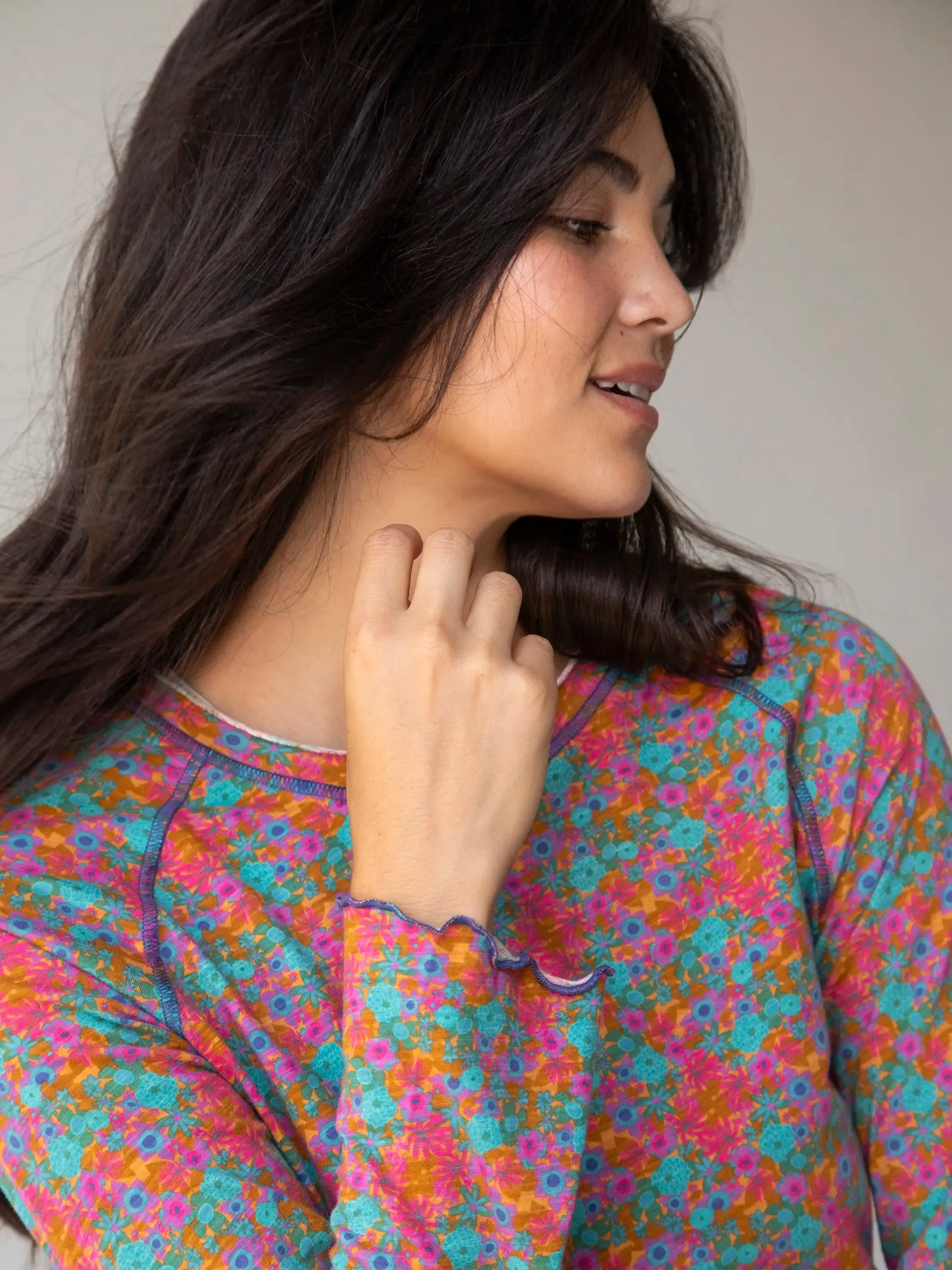 Lily Cotton Long Sleeve Tee Shirt - Turquoise Pink Purple Floral sold by NATURAL LIFE product image thumbnail 2