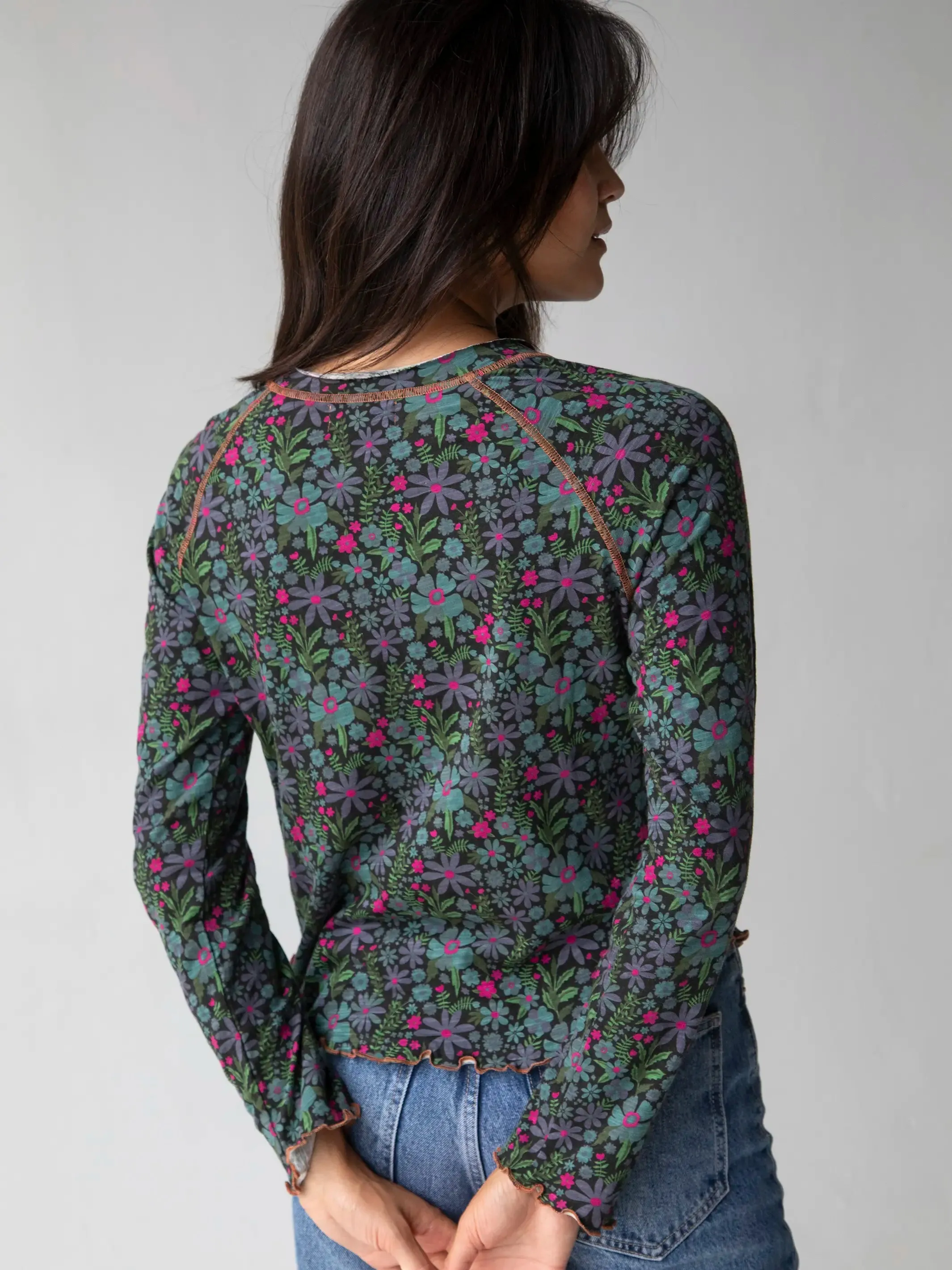 Lily Cotton Long Sleeve Tee Shirt - Dark Blue Garden sold by NATURAL LIFE product image thumbnail 3