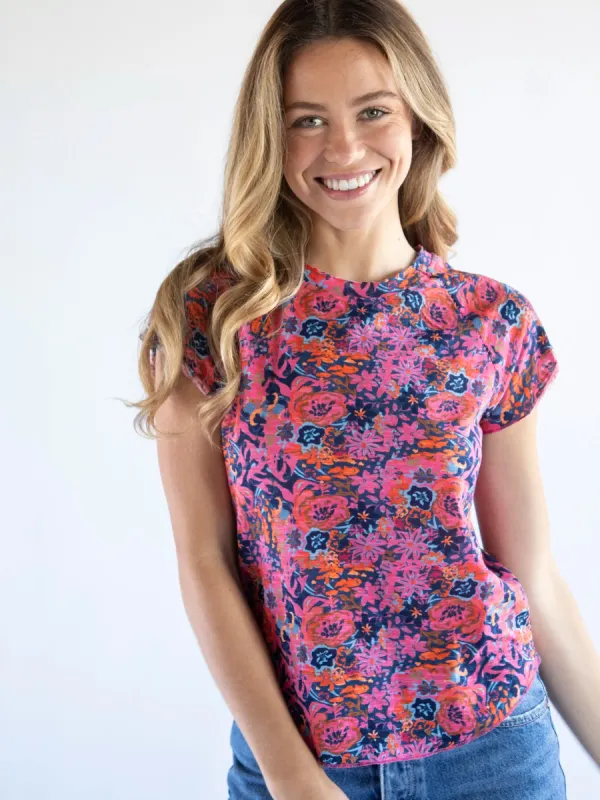 Lily Cotton Short Sleeve Tee Shirt - Grey Pink Painted Floral sold by NATURAL LIFE