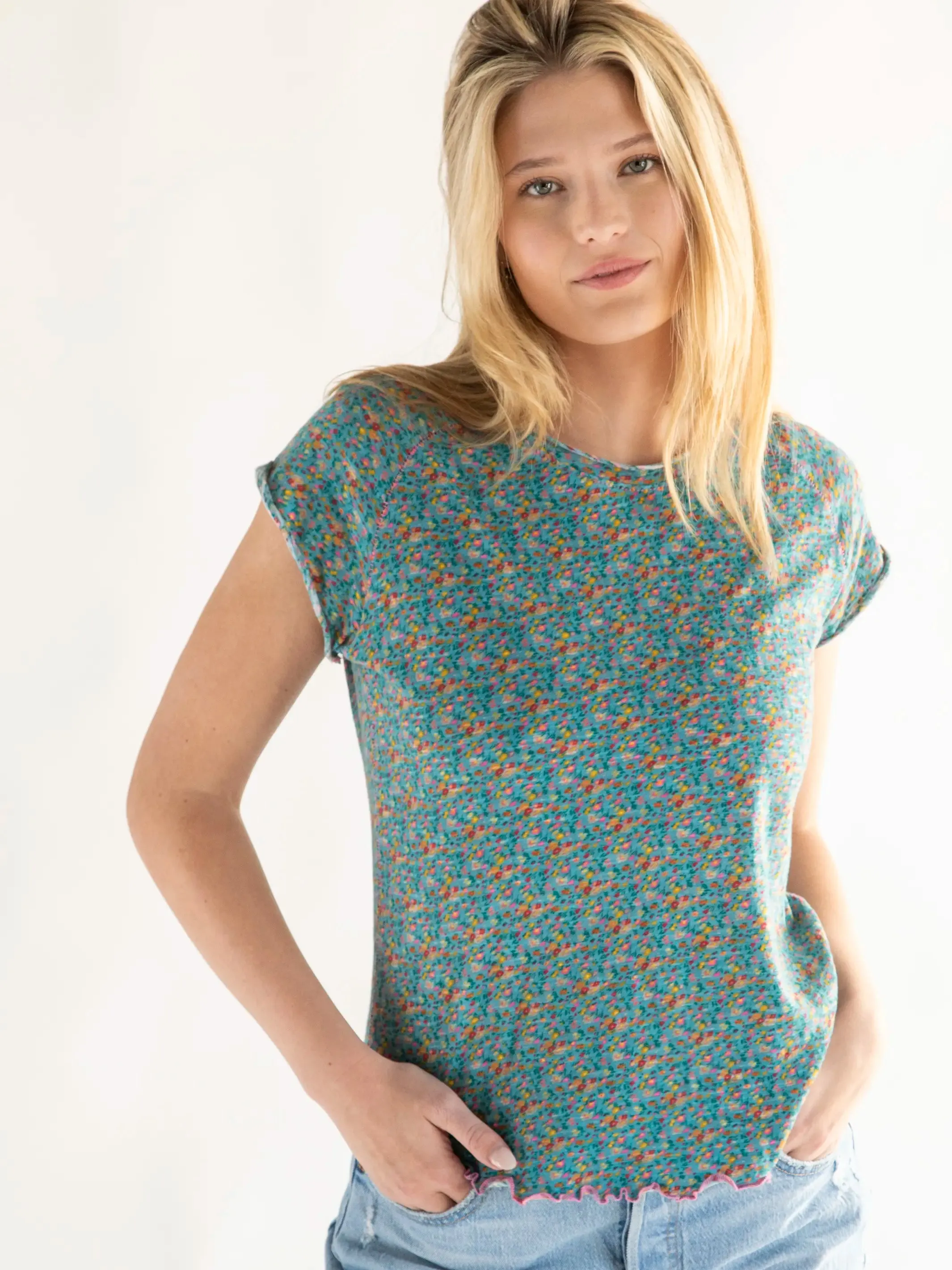 Lily Cotton Short Sleeve Tee Shirt - Turquoise Pink Floral sold by NATURAL LIFE product image thumbnail 3