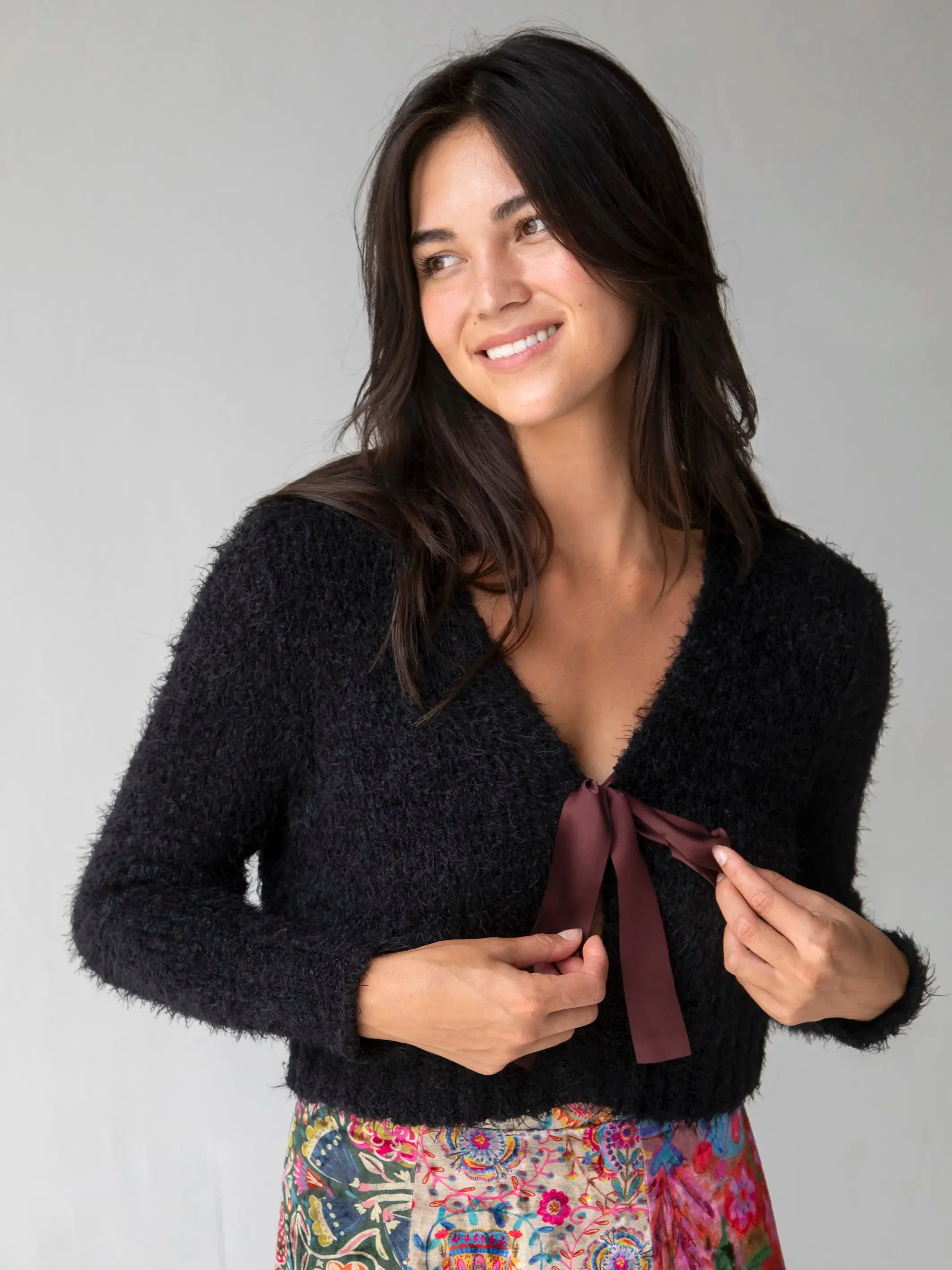 Oh So Soft Tie-Front Cardigan Sweater - Black sold by NATURAL LIFE