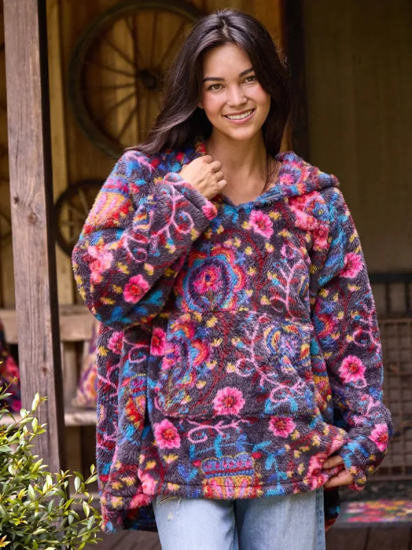 Printed Sherpa Blanket Hoodie - Black Printed Folk Circles sold by NATURAL LIFE