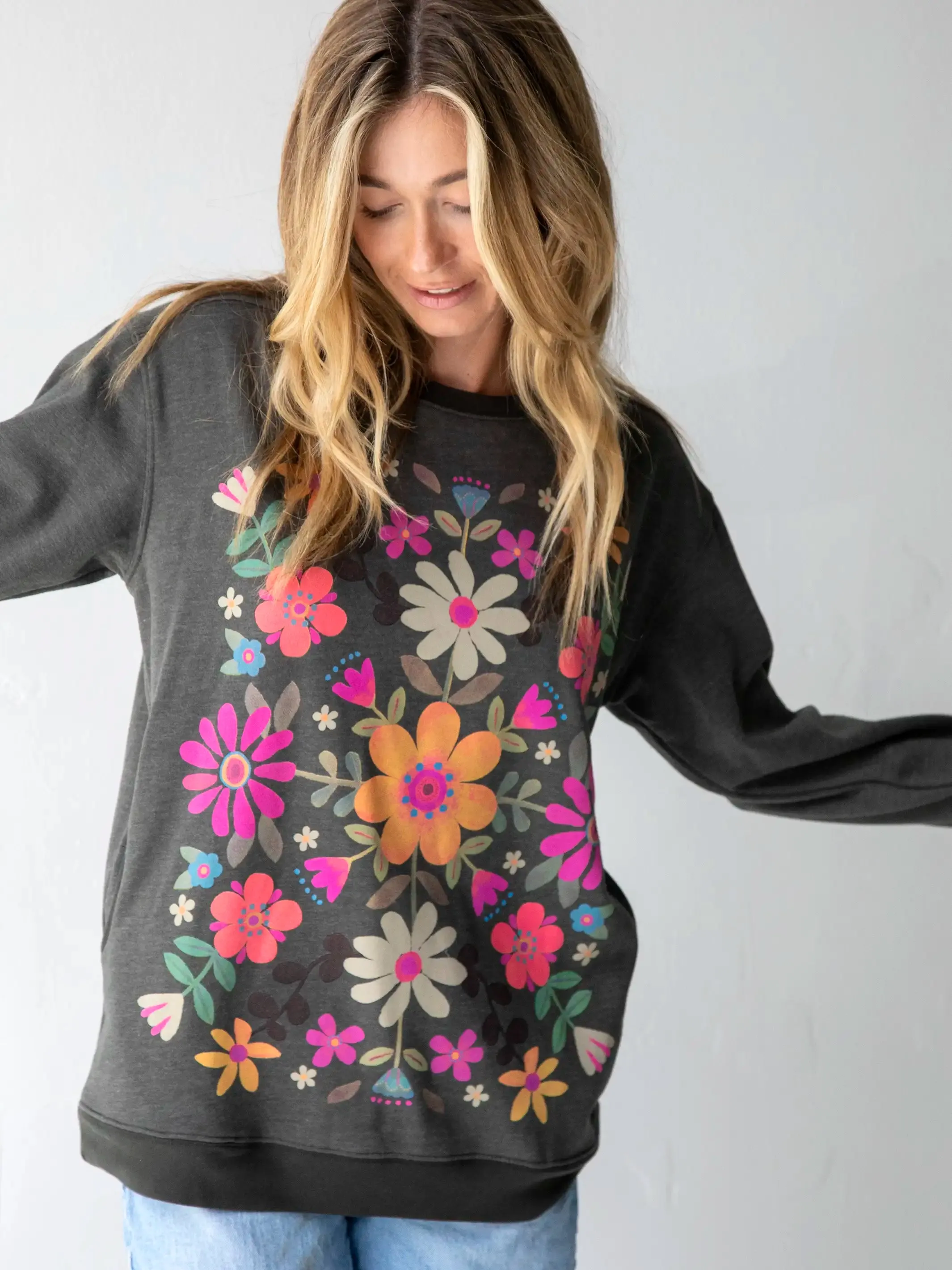 Comfy Pocket Sweatshirt - Folk Flowers Charcoal sold by NATURAL LIFE