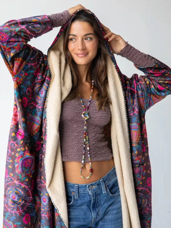 Cozy Blanket Kimono - Black Printed Folk Circles sold by NATURAL LIFE