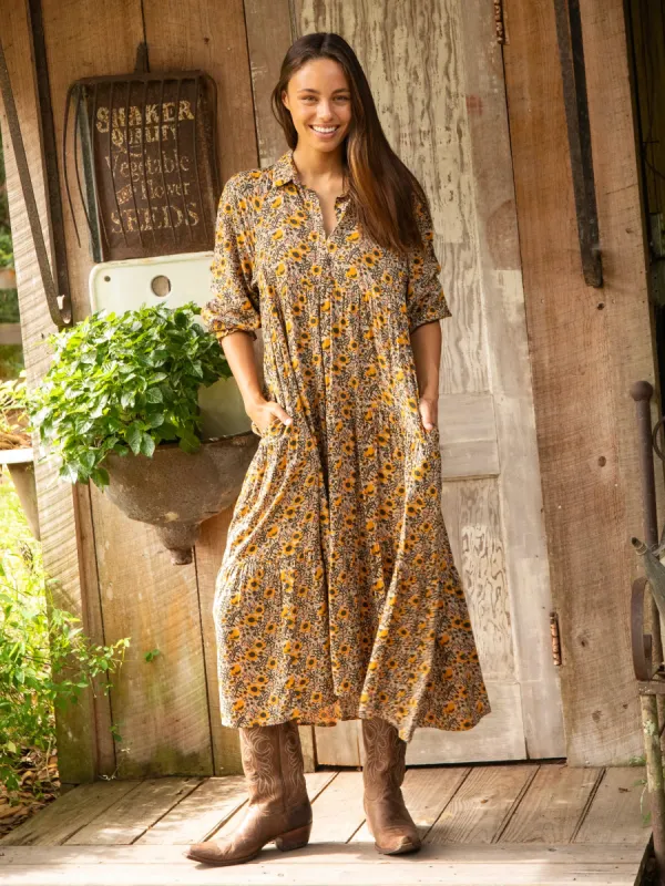 Rebecca Long Sleeve Midi Dress - Cream Yellow Sunflower sold by NATURAL LIFE