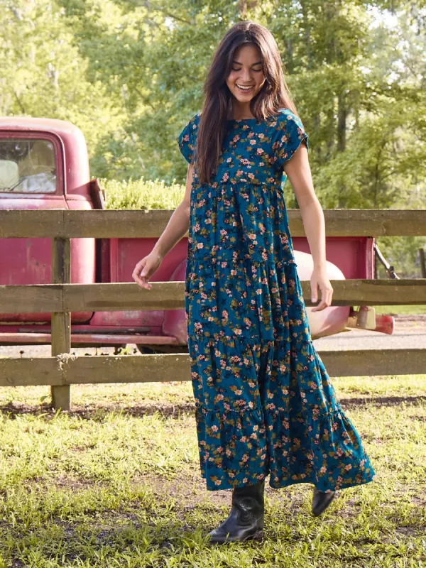 Berkley Corduroy Maxi Dress - Dark Turquoise Ditsy sold by NATURAL LIFE