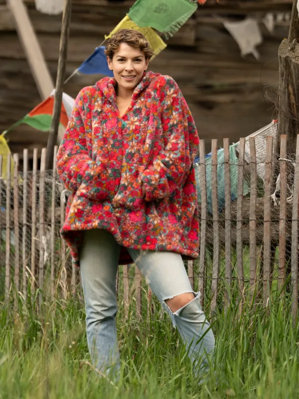 Printed Sherpa Blanket Hoodie - Turquoise Pink Retro Floral sold by NATURAL LIFE
