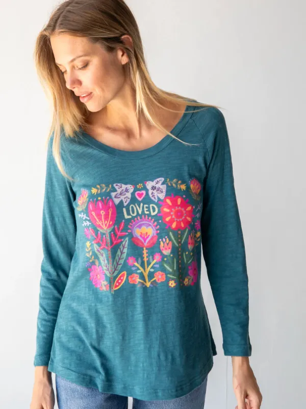 Long Sleeve Boho Cotton Tee Shirt - Loved Teal sold by NATURAL LIFE