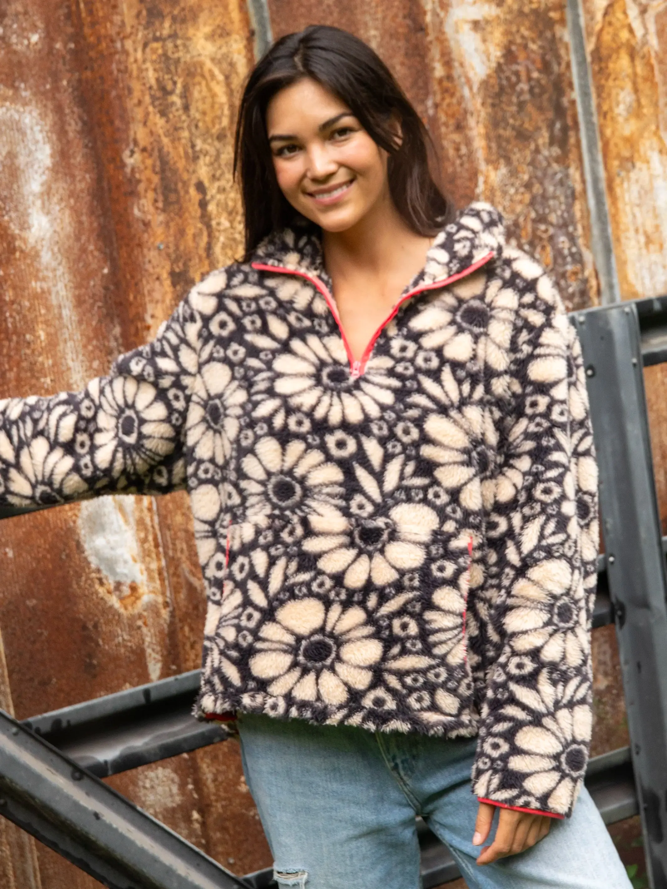 Coziest Quarter Zip Pullover Sweatshirt - Black White Daisies sold by NATURAL LIFE