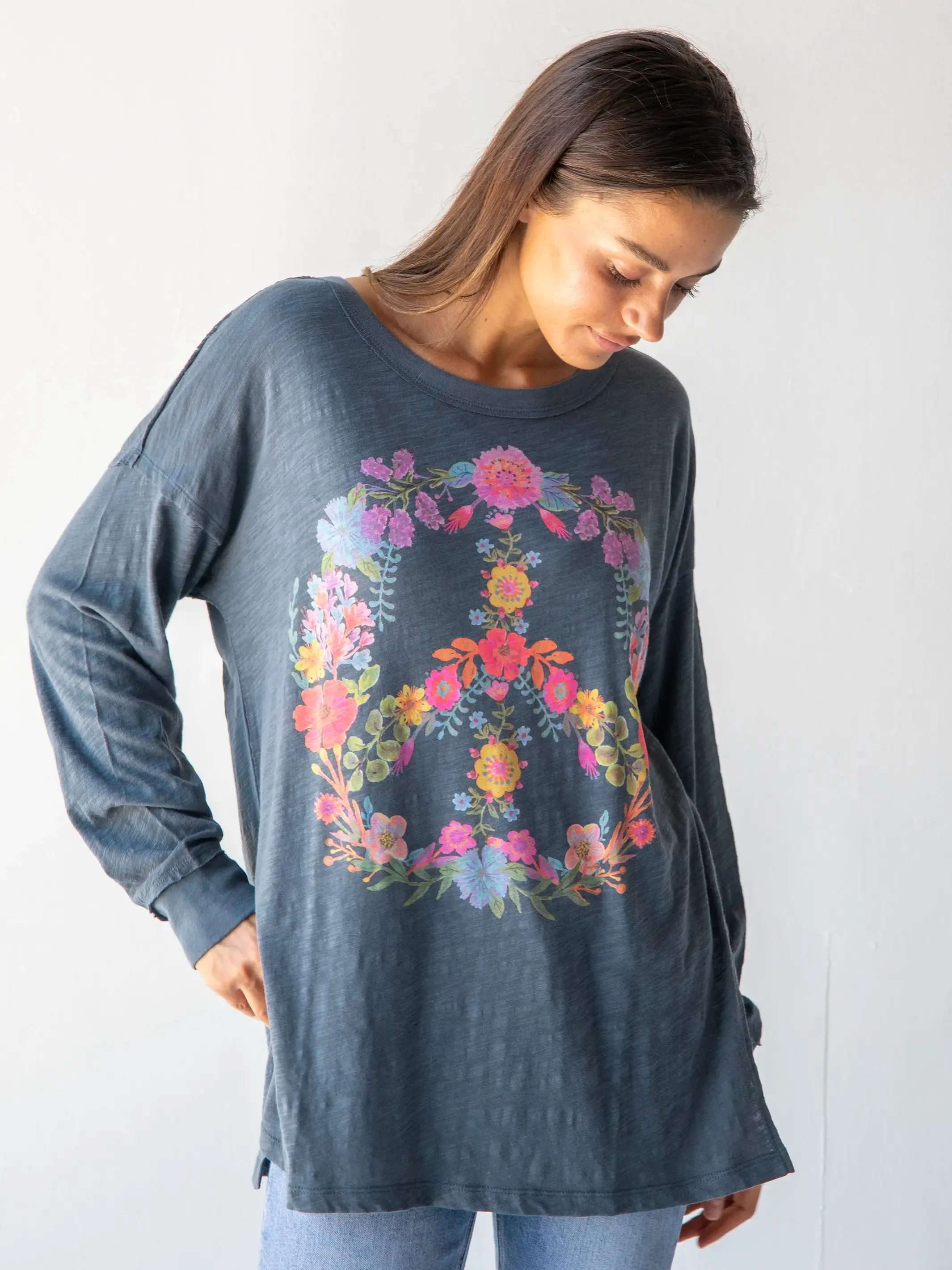 Arden Long Sleeve Cotton Tee Shirt - Indigo Peace Sign sold by NATURAL LIFE