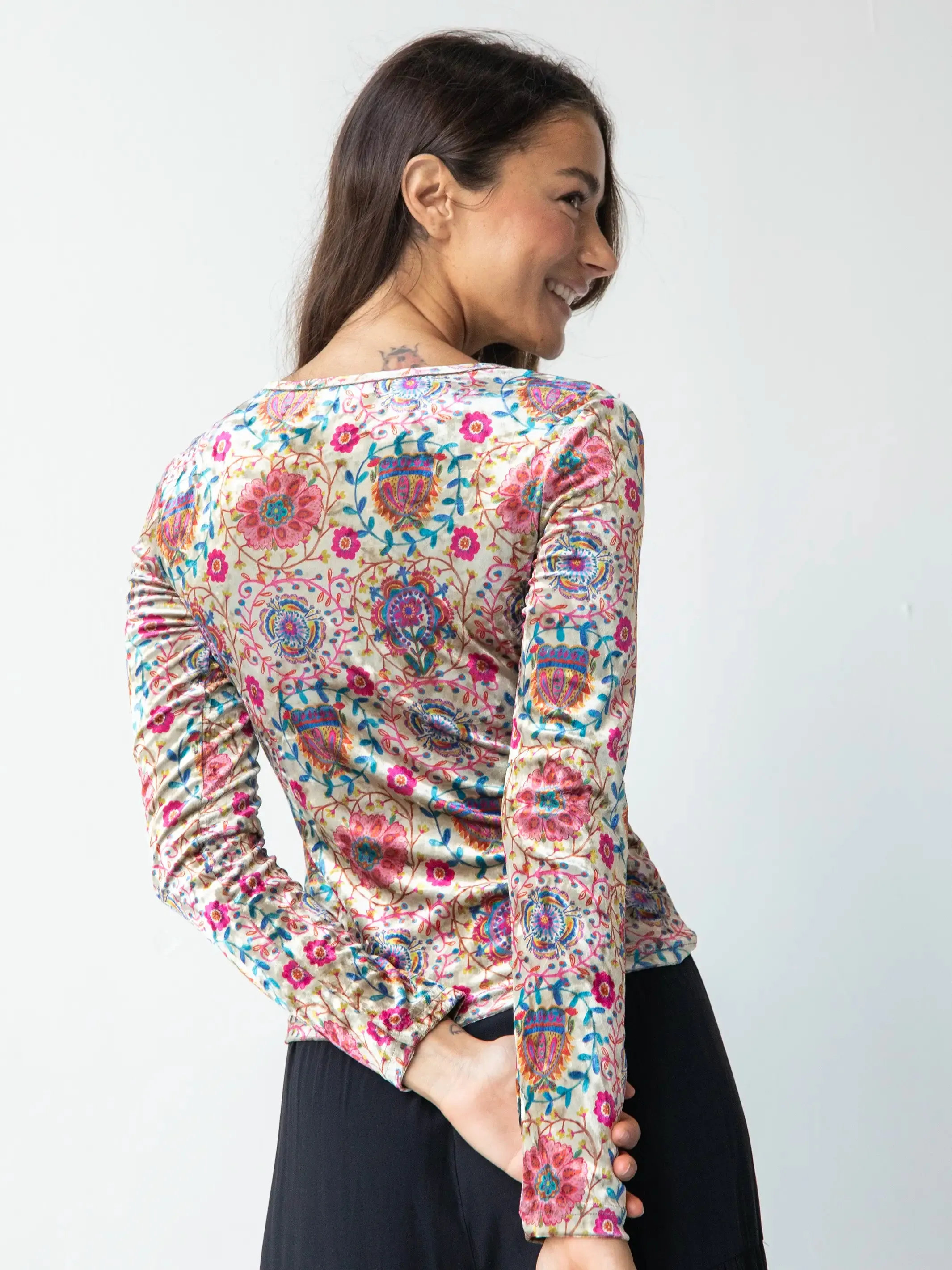 Danielle Square Neck Velvet Top - Black Printed Folk Cream sold by NATURAL LIFE product image thumbnail 3