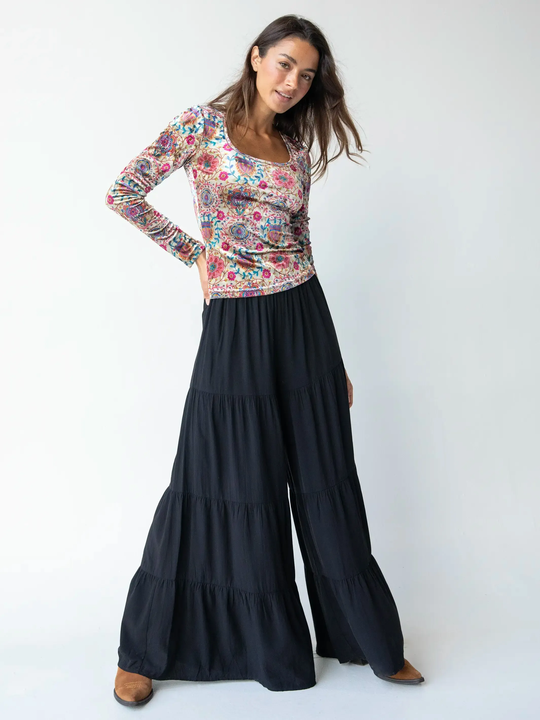 Danielle Square Neck Velvet Top - Black Printed Folk Cream sold by NATURAL LIFE product image thumbnail 2