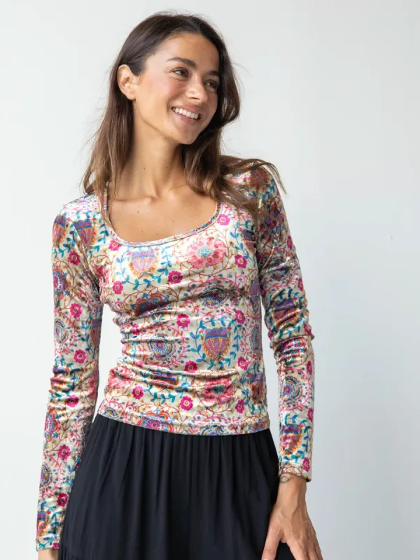 Danielle Square Neck Velvet Top - Black Printed Folk Cream sold by NATURAL LIFE