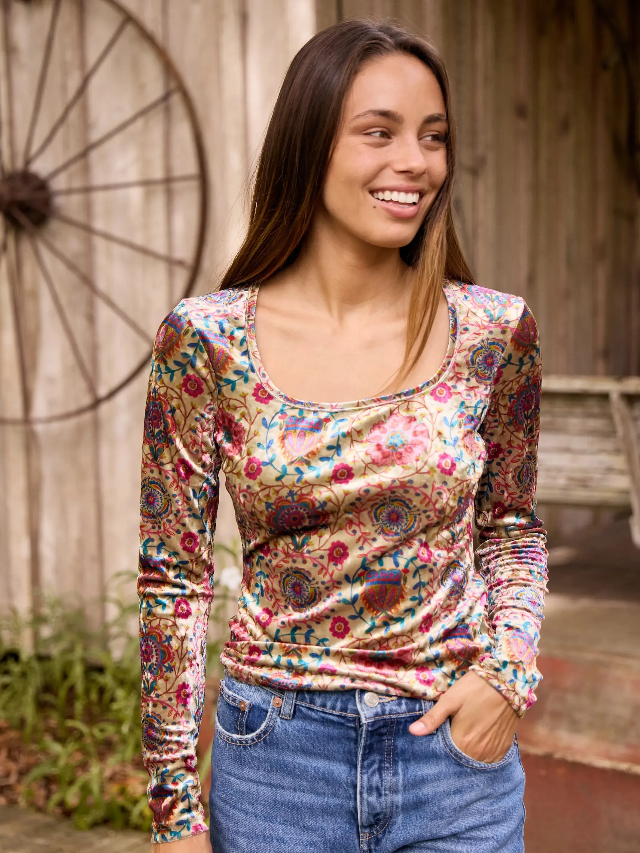 Danielle Square Neck Velvet Top - Black Printed Folk Cream sold by NATURAL LIFE product image thumbnail 4