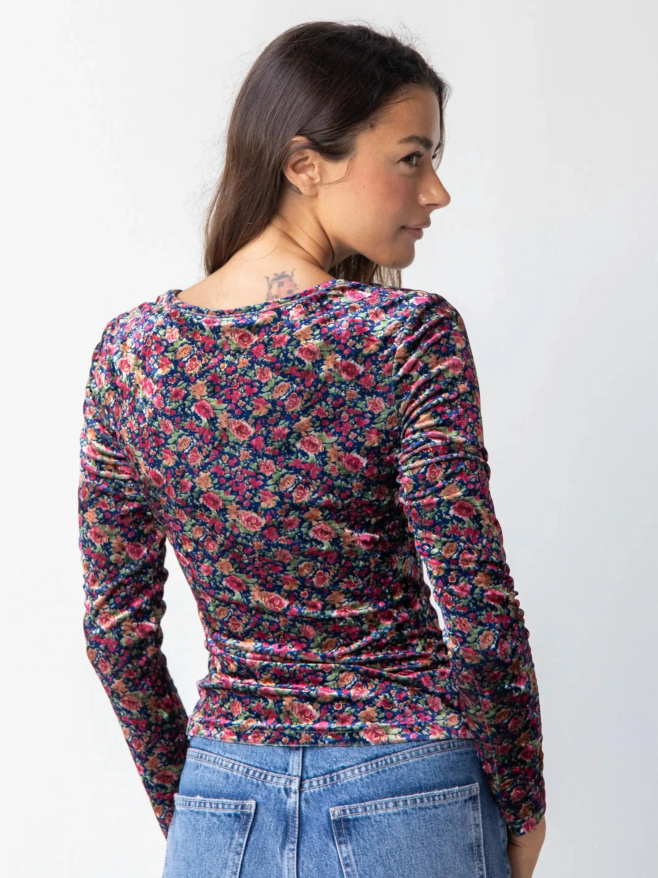 Danielle Square Neck Velvet Top - Navy Pink Roses sold by NATURAL LIFE product image thumbnail 4