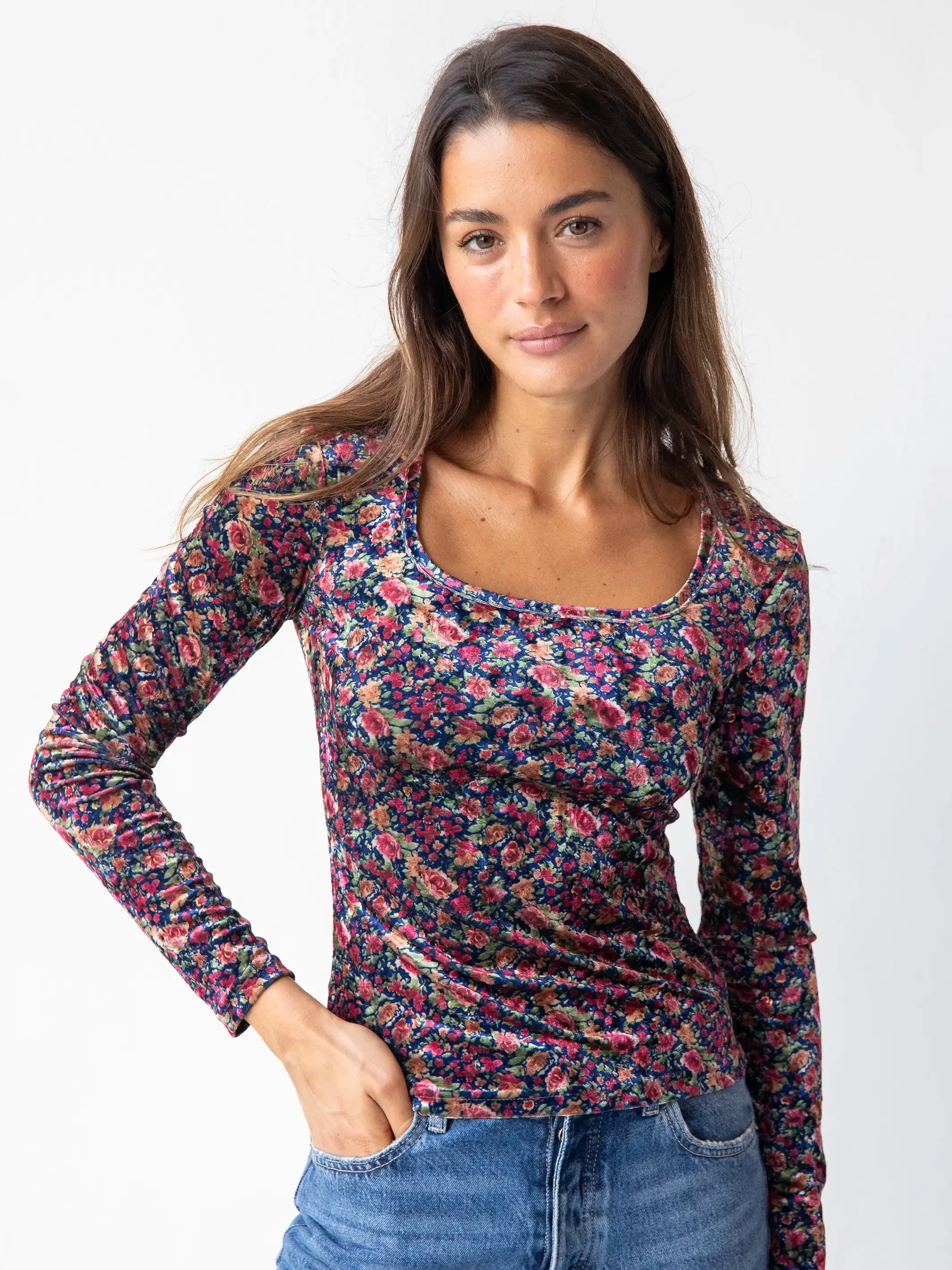 Danielle Square Neck Velvet Top - Navy Pink Roses sold by NATURAL LIFE