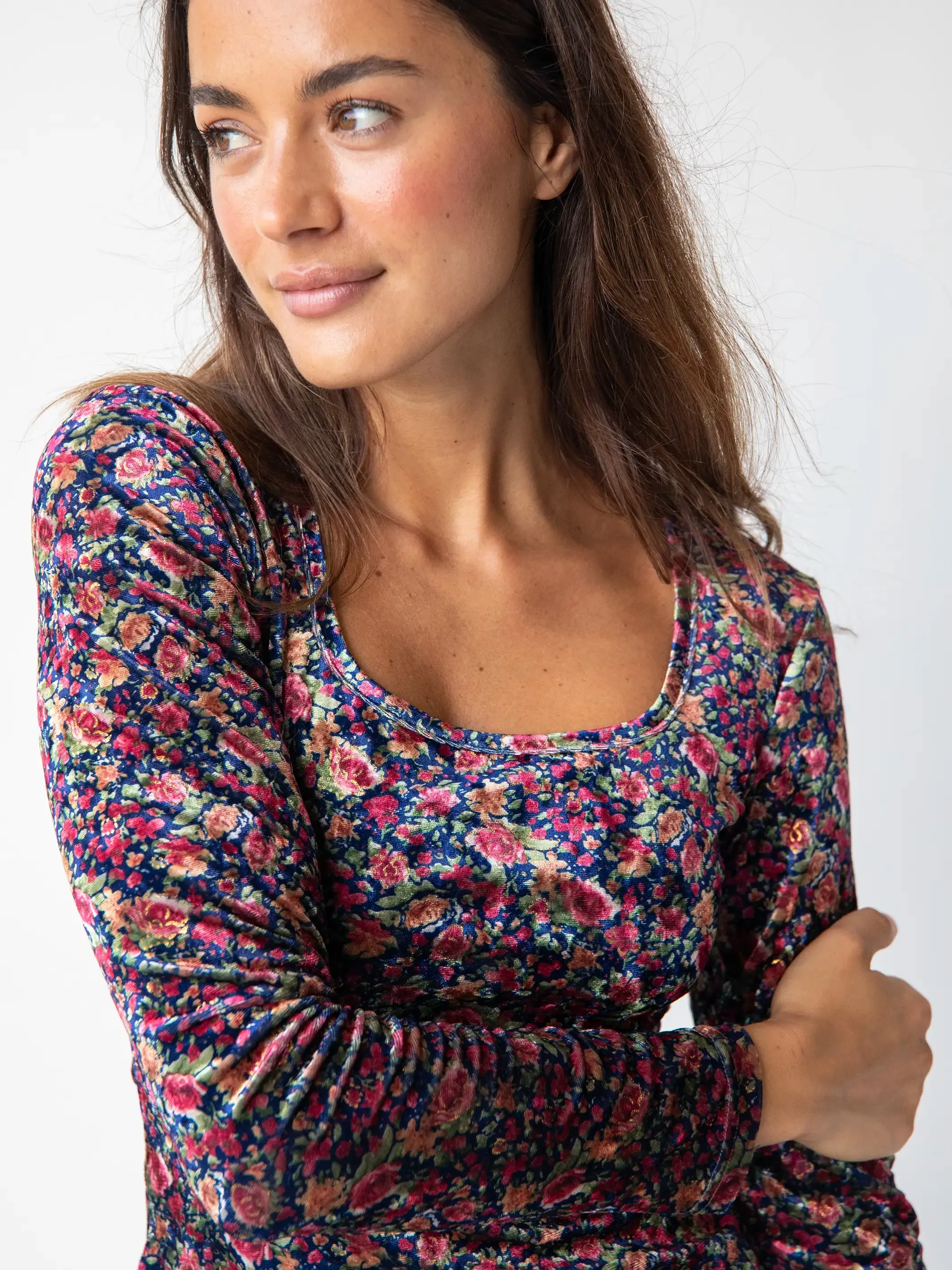 Danielle Square Neck Velvet Top - Navy Pink Roses sold by NATURAL LIFE product image thumbnail 3
