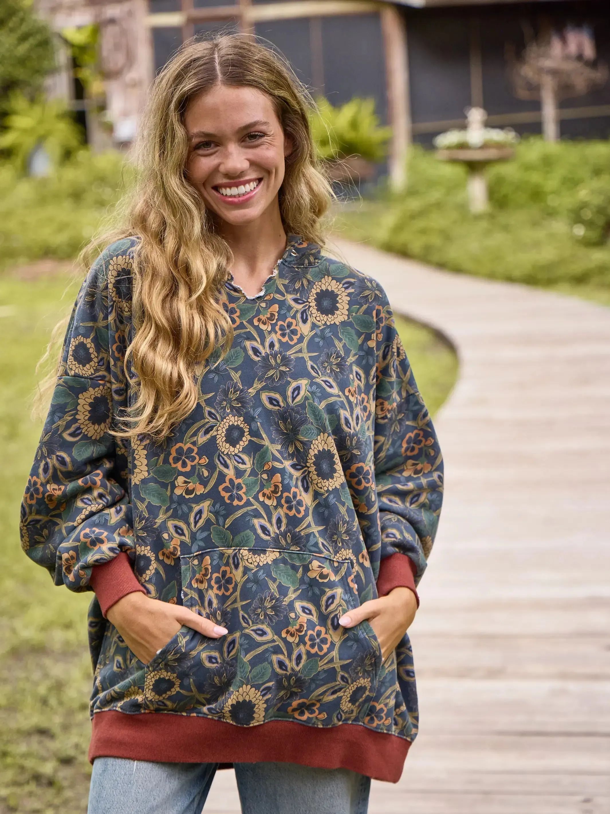 Oversized Printed Sweatshirt - Navy Tan Dahlias sold by NATURAL LIFE