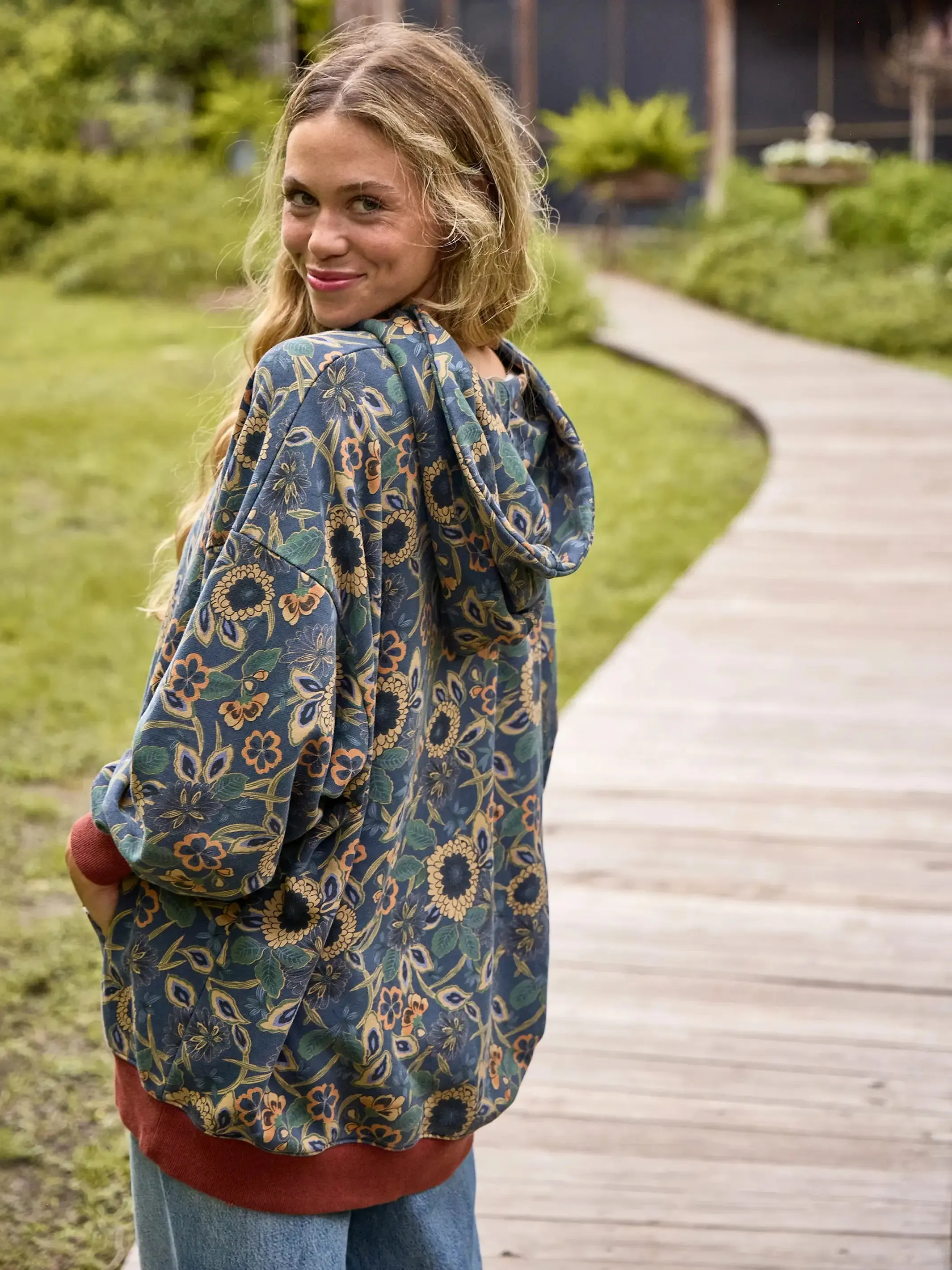 Oversized Printed Sweatshirt - Navy Tan Dahlias sold by NATURAL LIFE product image thumbnail 2