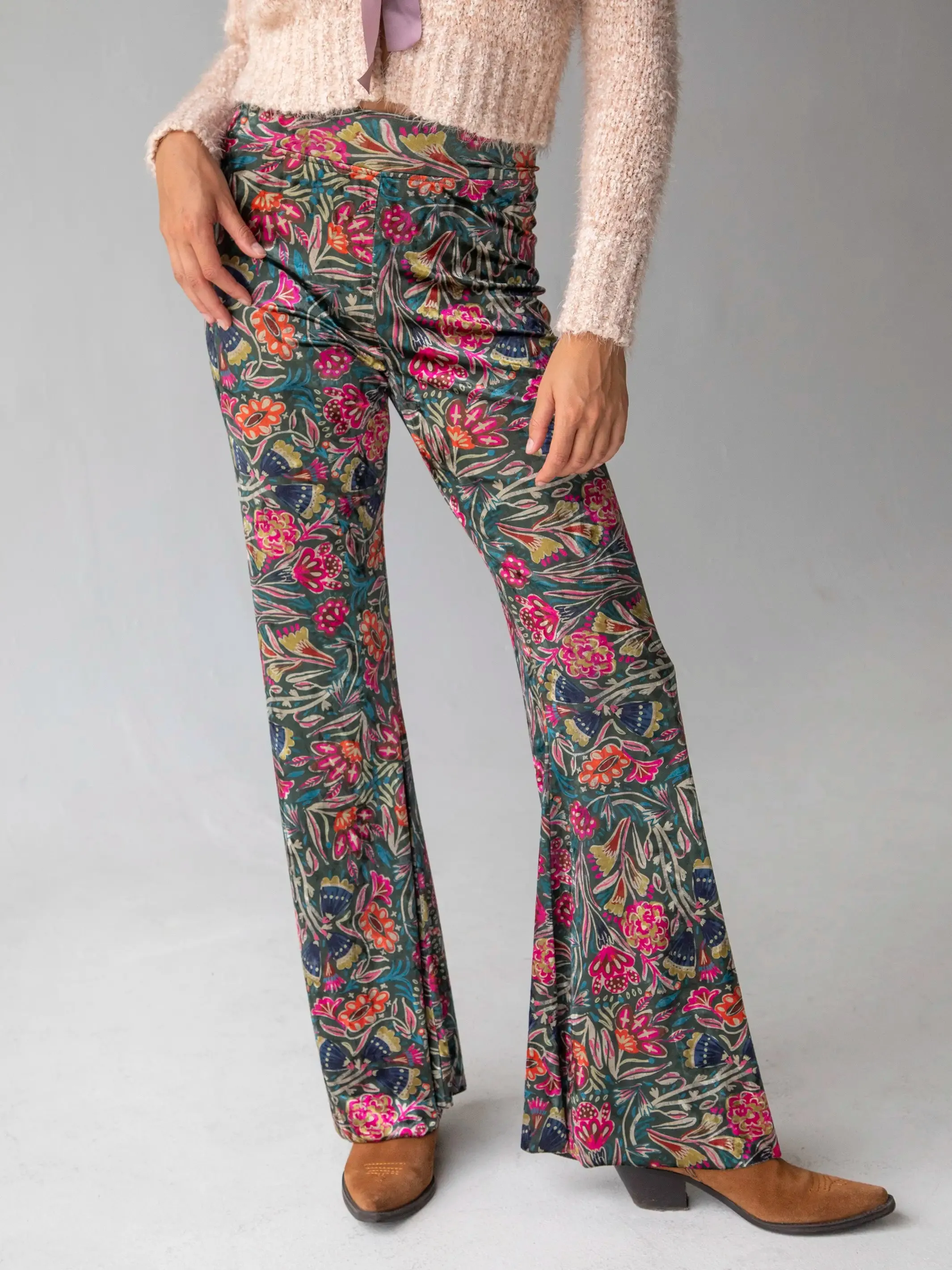 Cali Velvet Flare Pant - Green Lined Floral sold by NATURAL LIFE