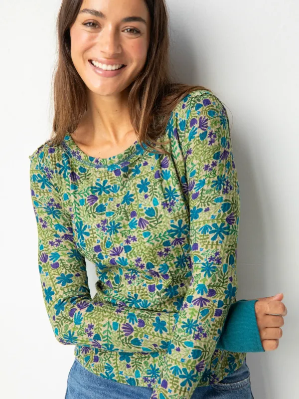 Brooklyn Raw Edge Thermal Top - Folky Lines Cream Blue sold by NATURAL LIFE