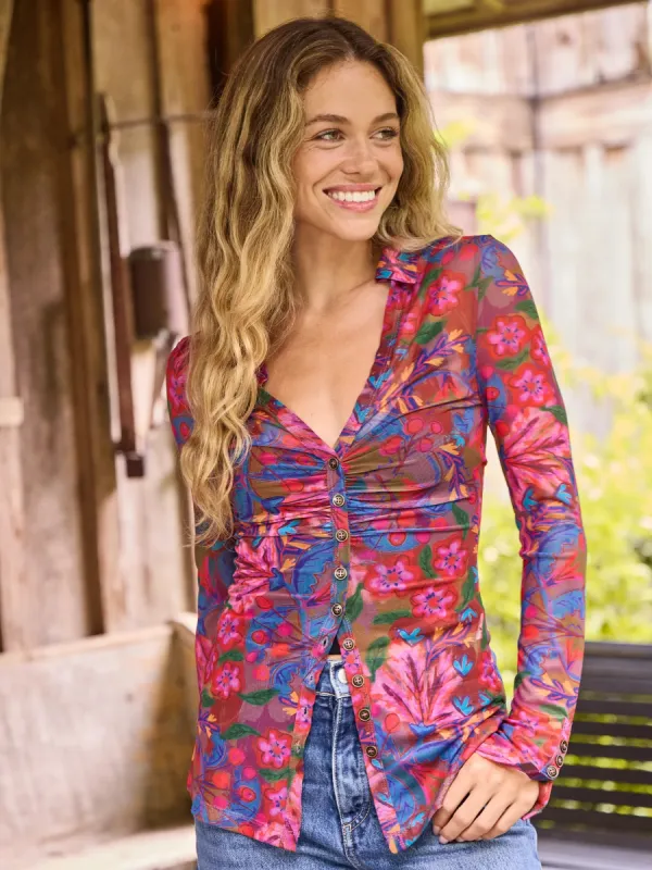 Carina Mesh Top - Pink Red Folk Floral sold by NATURAL LIFE