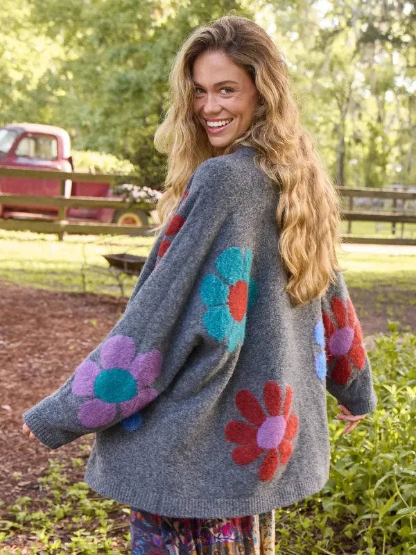 Lexie Intarsia Cardigan Sweater - Charcoal Daisies sold by NATURAL LIFE