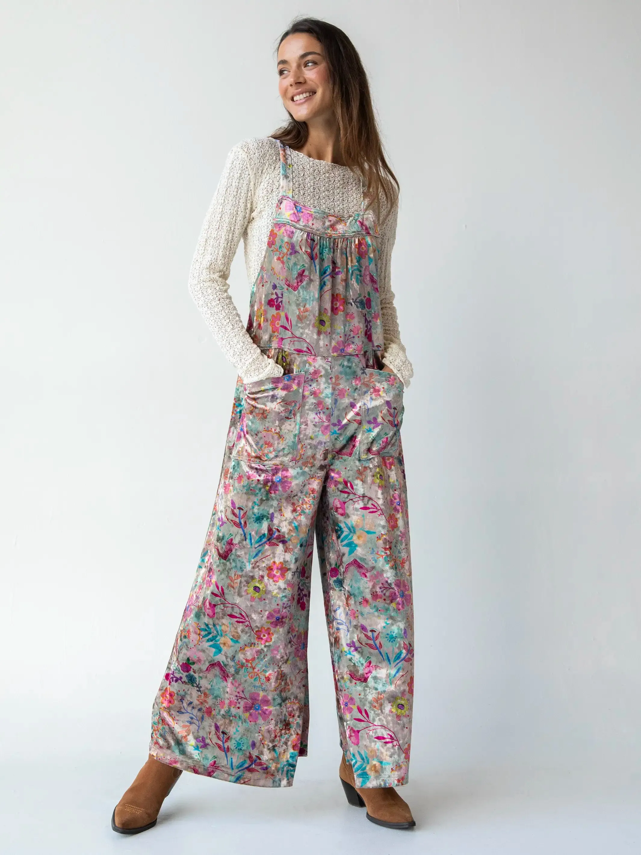 Velvet Dakota Tie Overall - Cream Turquoise Flung Floral sold by NATURAL LIFE product image thumbnail 3