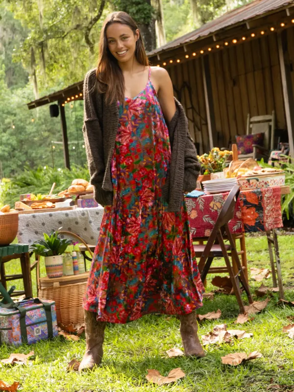 Gracie Velvet Slip Maxi Dress - Pink Red Folk Floral sold by NATURAL LIFE