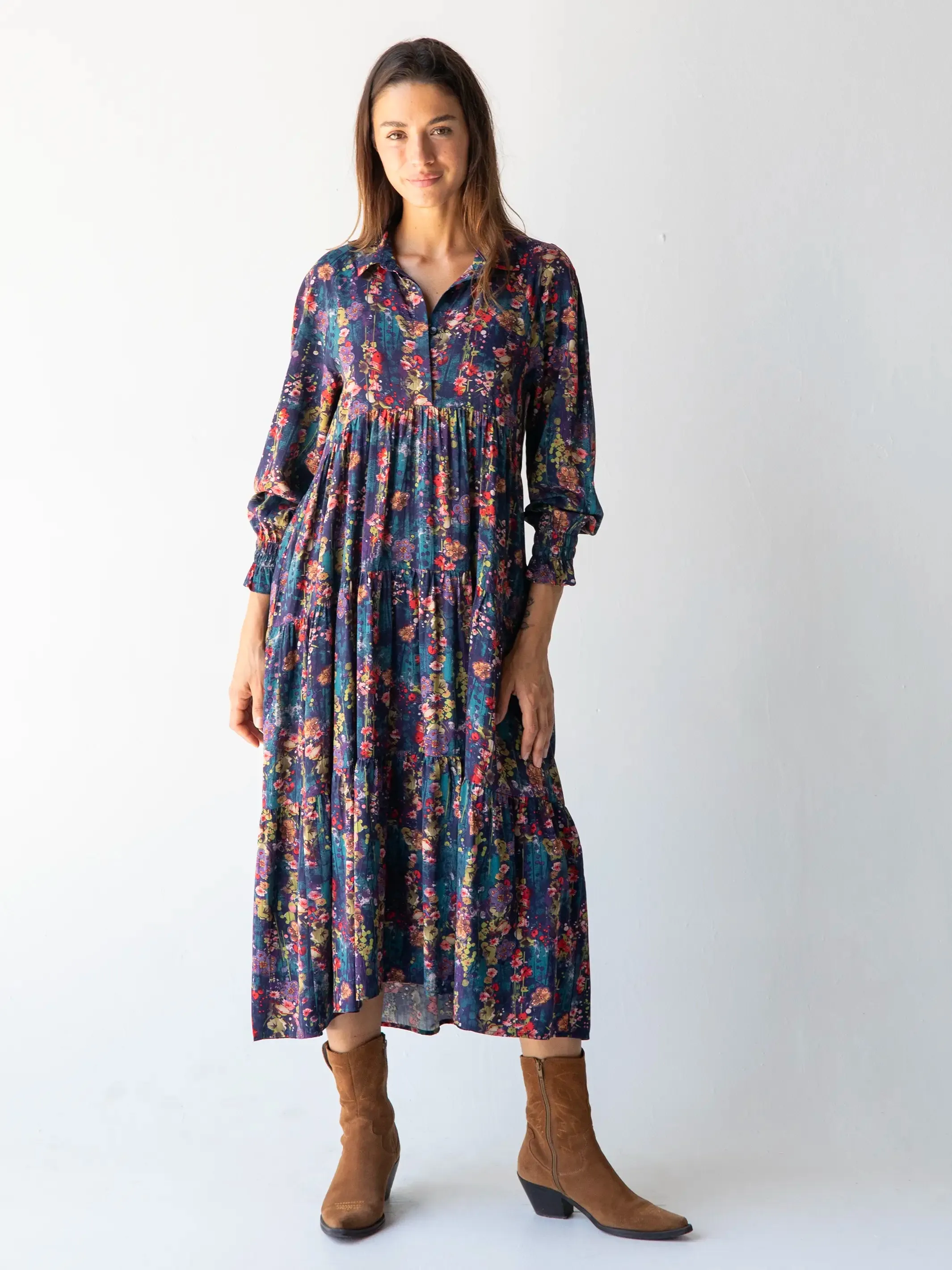 Rebecca Long Sleeve Midi Dress - Watercolor Indigo Floral sold by NATURAL LIFE