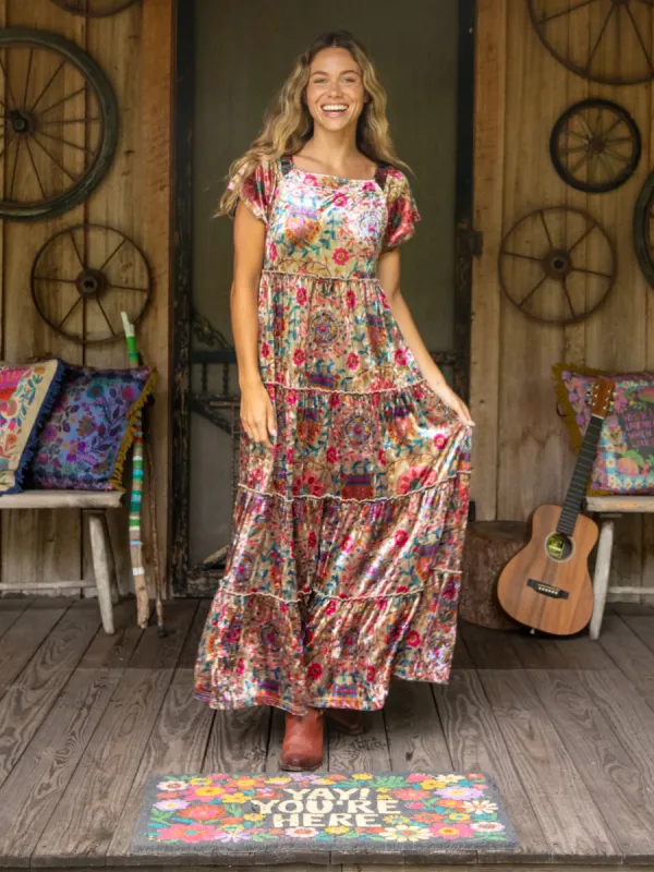 Berkley Velvet Maxi Dress - Black Printed Folk Cream made by NATURAL LIFE