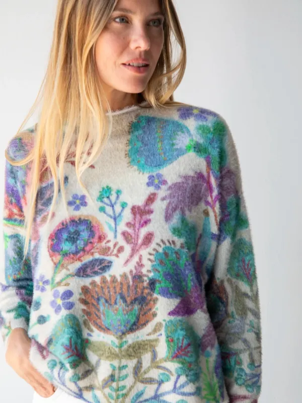 Cashmere-Like Fuzzy Pullover Sweater - Ash Folk Flower sold by NATURAL LIFE