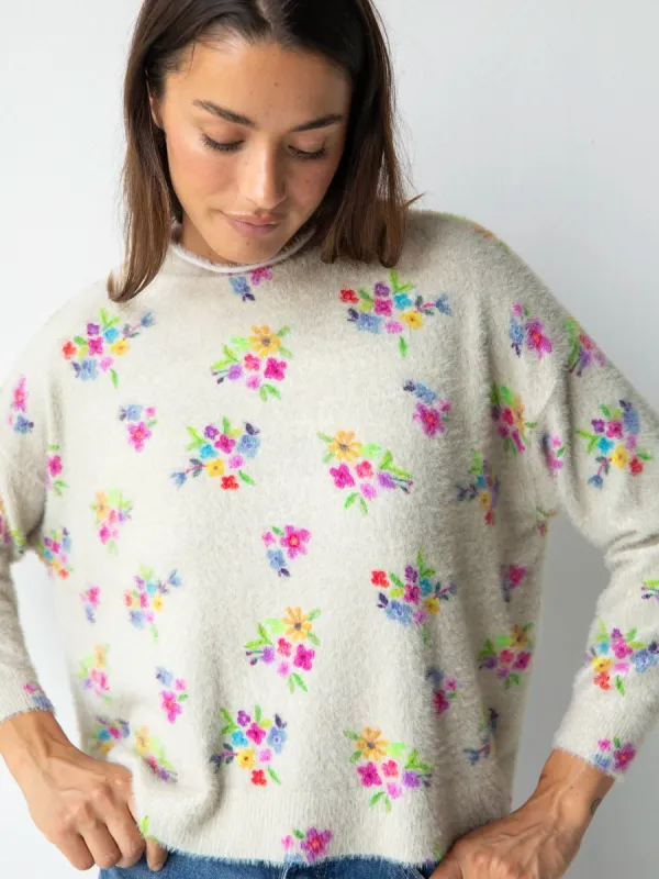 Cashmere-Like Fuzzy Pullover Sweater - Cream Multi Floral sold by NATURAL LIFE