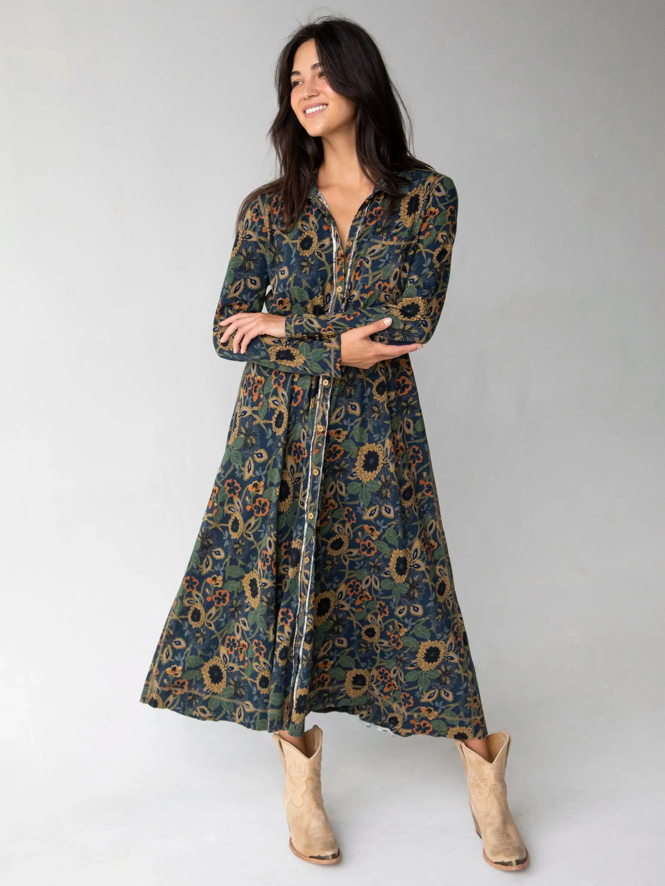 Christa Knit Cotton Maxi Dress - Navy Tan Dahlias sold by NATURAL LIFE product image thumbnail 5