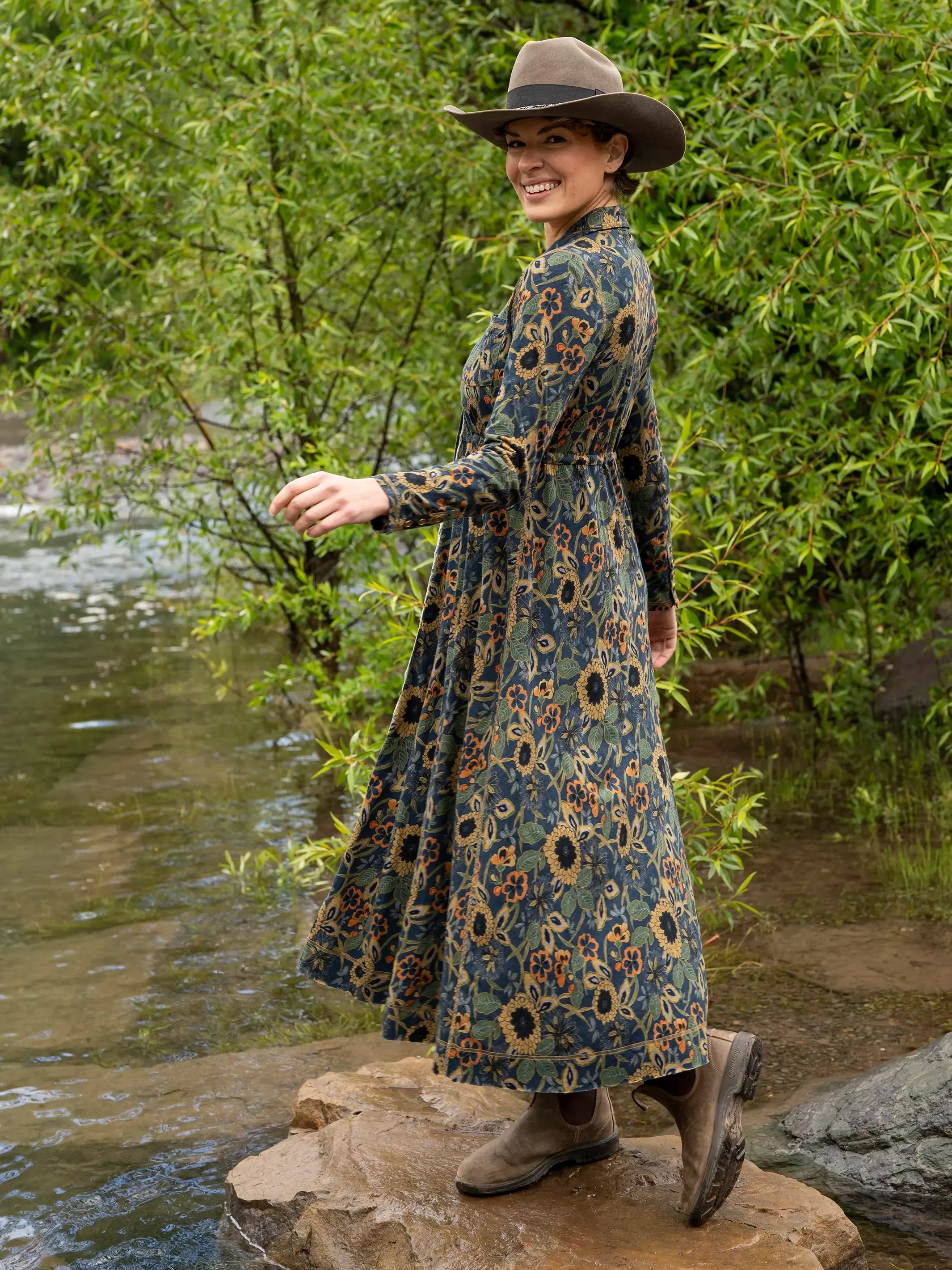 Christa Knit Cotton Maxi Dress - Navy Tan Dahlias sold by NATURAL LIFE product image thumbnail 2