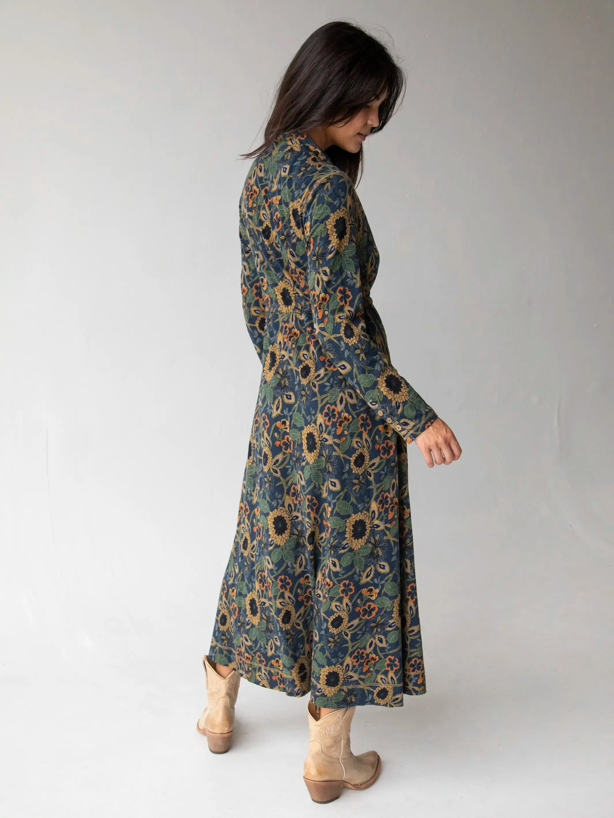 Christa Knit Cotton Maxi Dress - Navy Tan Dahlias sold by NATURAL LIFE product image thumbnail 4