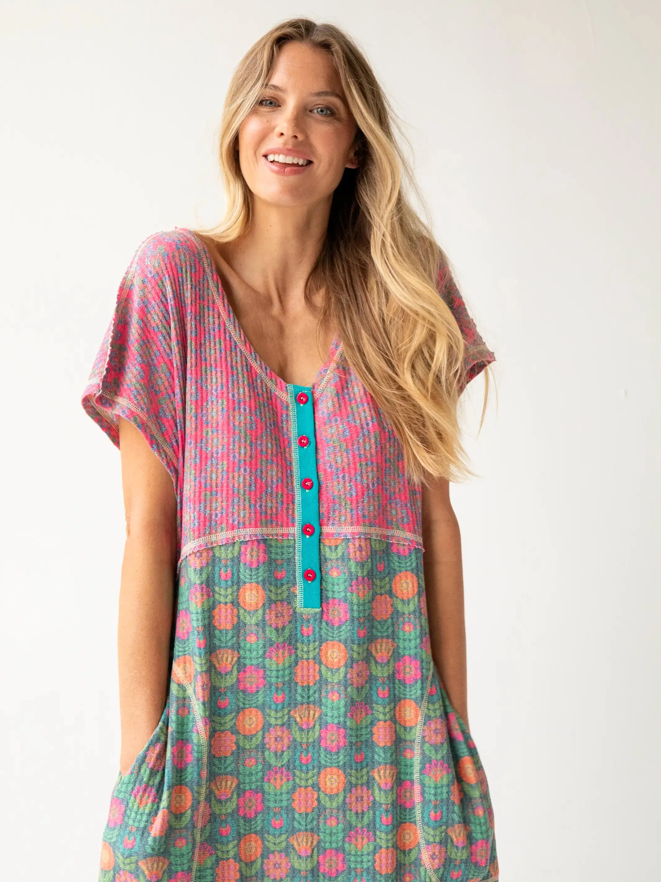 Mix & Match Waffle Jumpsuit - Hot Pink Green Mixed Floral sold by NATURAL LIFE product image thumbnail 2