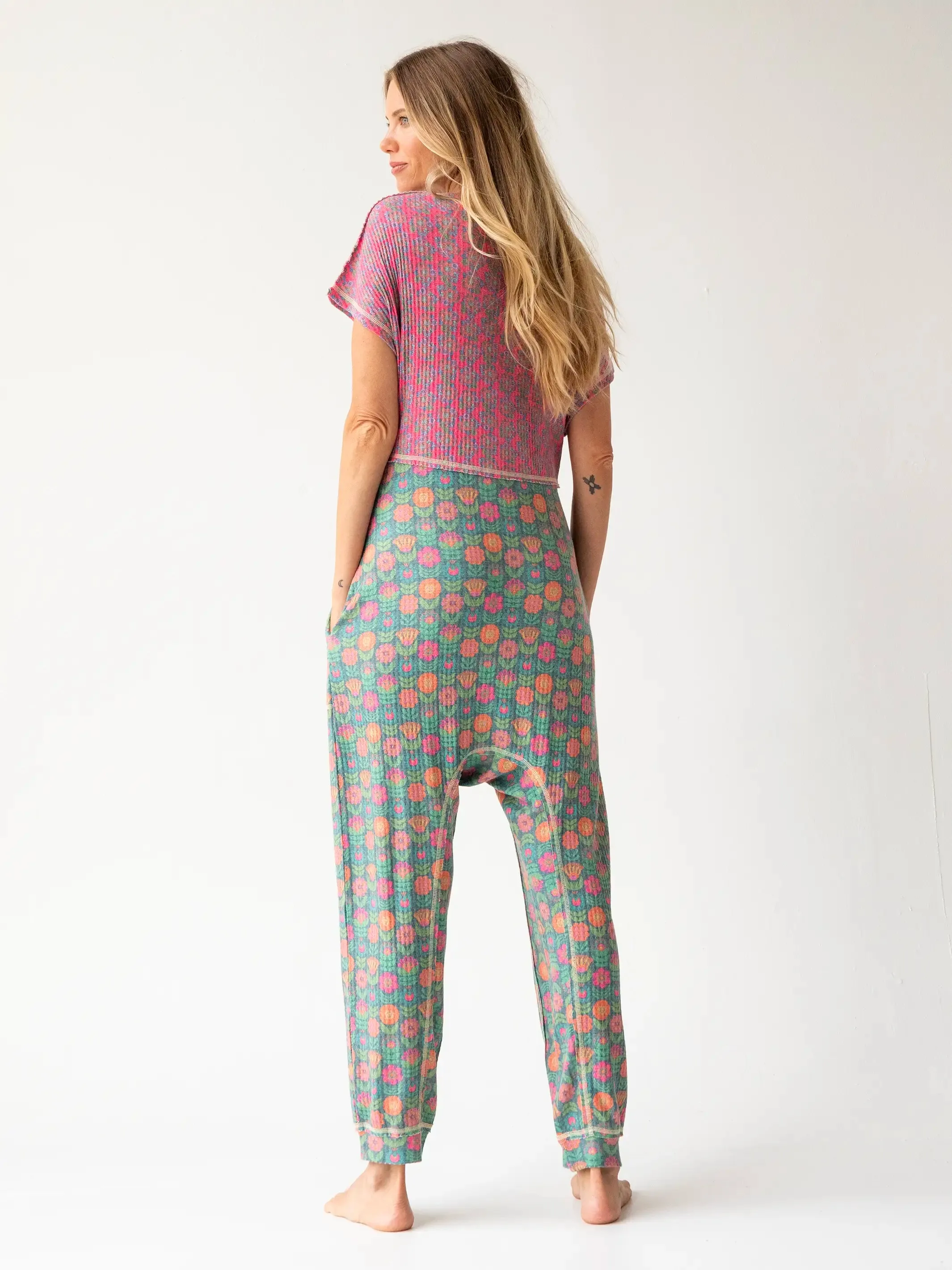 Mix & Match Waffle Jumpsuit - Hot Pink Green Mixed Floral sold by NATURAL LIFE product image thumbnail 3