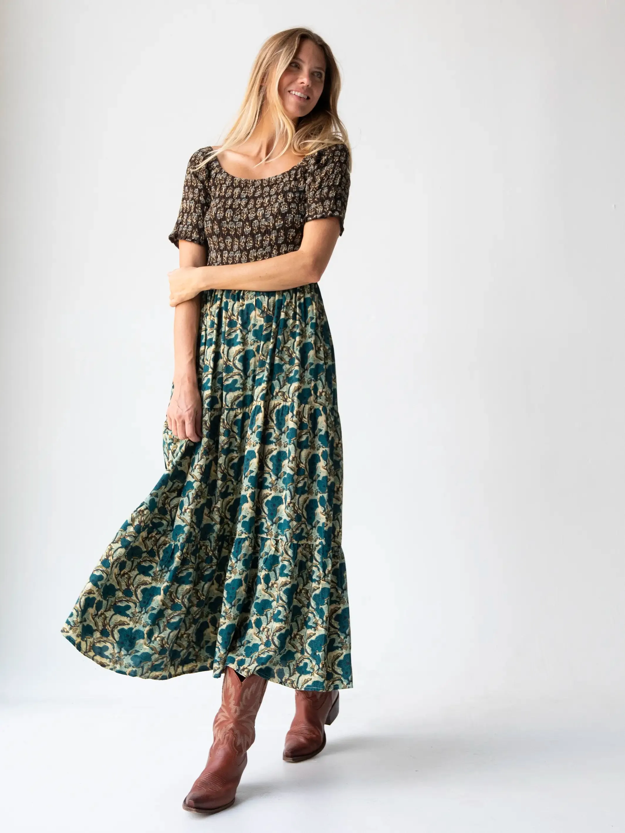 Daisy Tiered Maxi Dress - Teal Dark Brown Mixed Floral sold by NATURAL LIFE product image thumbnail 4